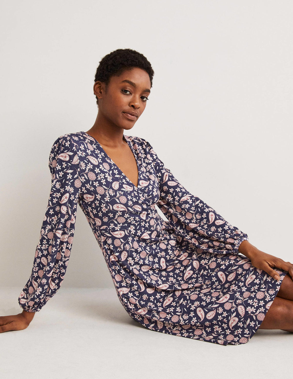 Easy Fixed Wrap Jersey Dress-French Navy, Flower Garden-4