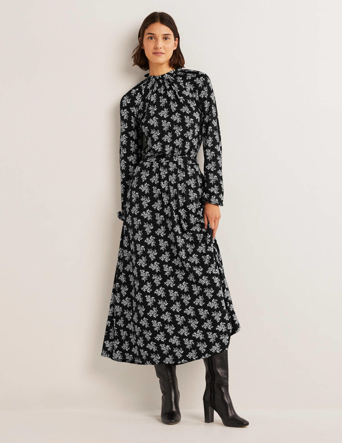 Ruffle Neck Jersey Midi Dress-Black, Pretty Blossom - Image 1
