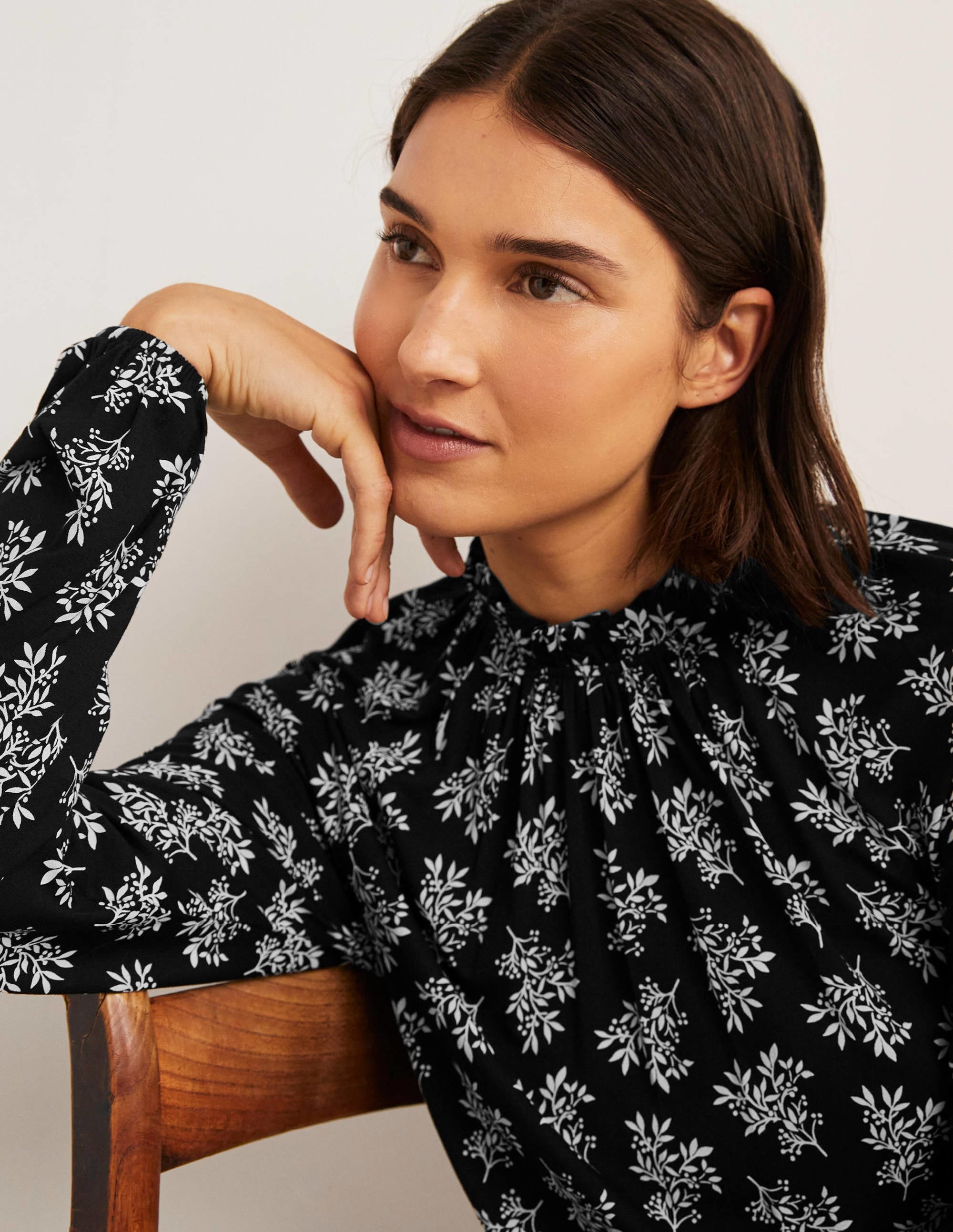 Ruffle Neck Jersey Midi Dress-Black, Pretty Blossom - Image 2