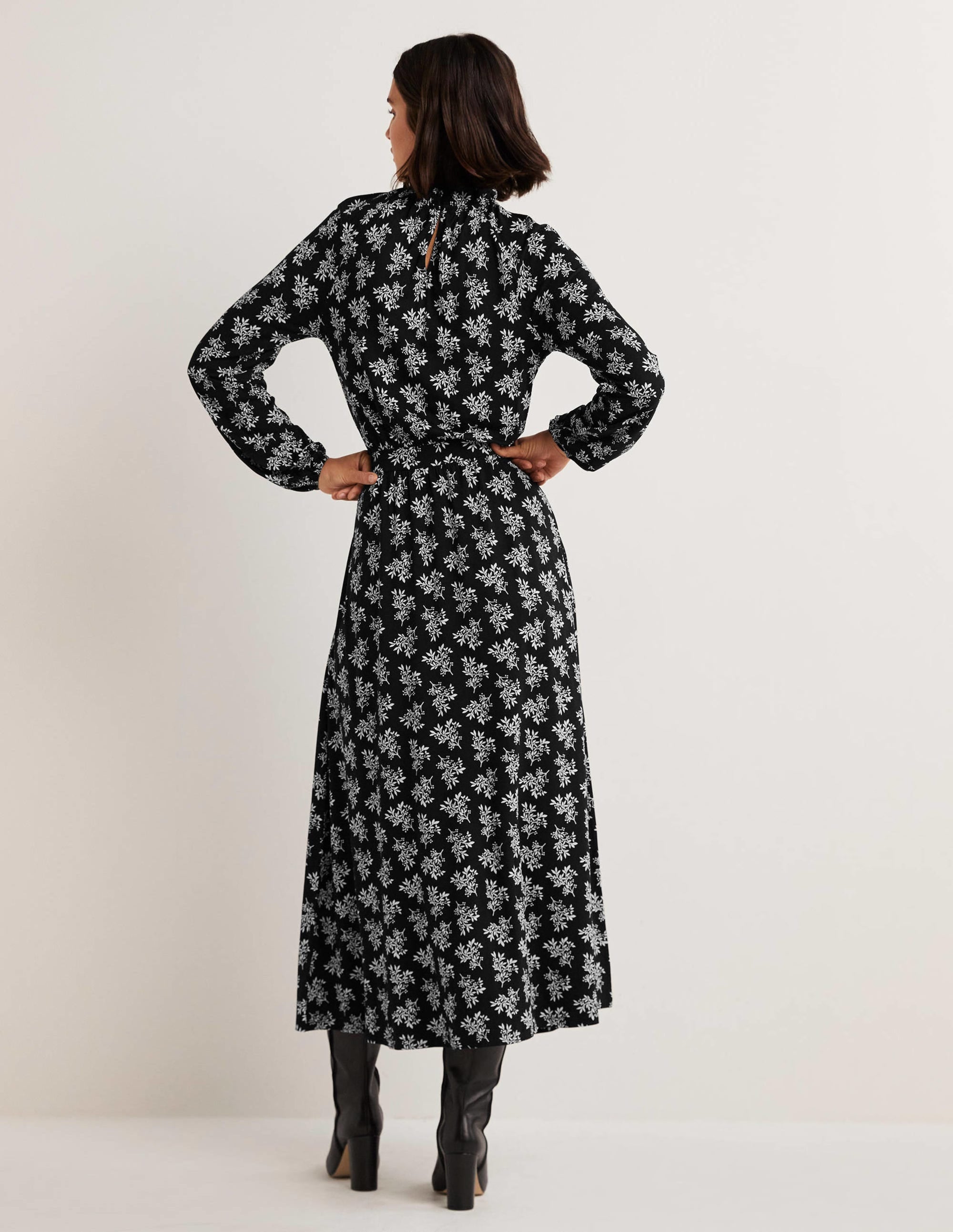 Ruffle Neck Jersey Midi Dress-Black, Pretty Blossom - Image 3