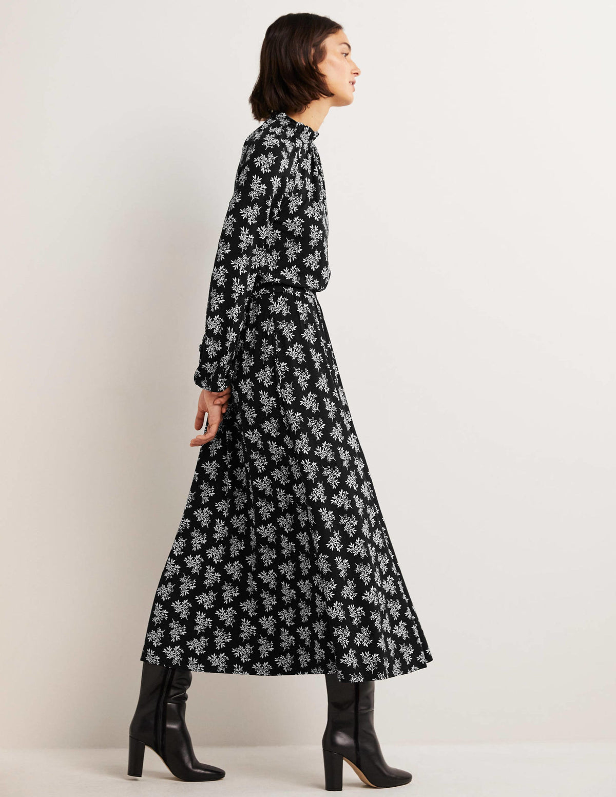 Ruffle Neck Jersey Midi Dress-Black, Pretty Blossom - Image 4