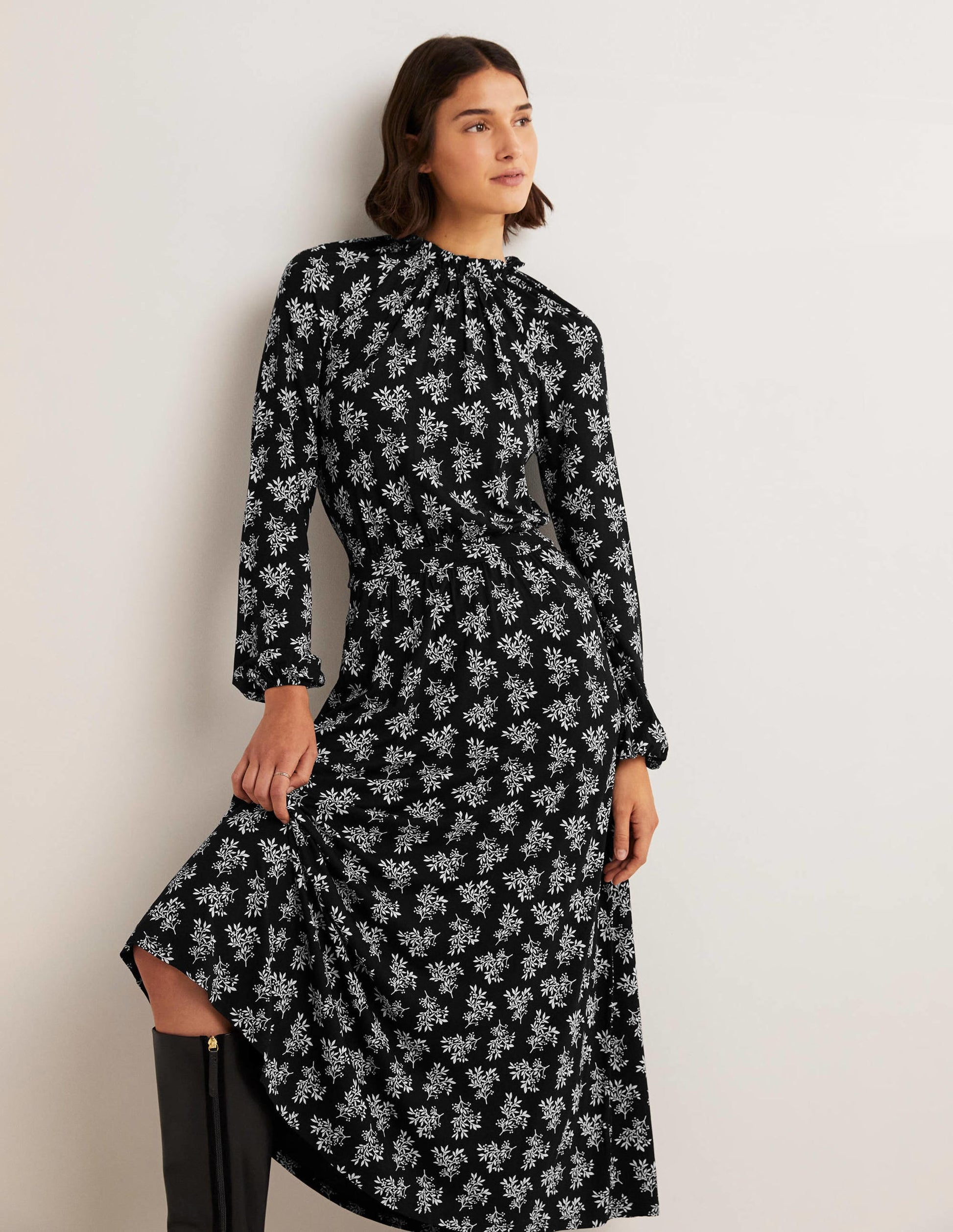 Ruffle Neck Jersey Midi Dress-Black, Pretty Blossom-5