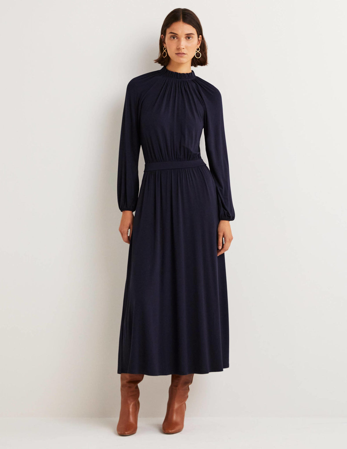 Ruffle Neck Jersey Midi Dress-Navy - Image 1