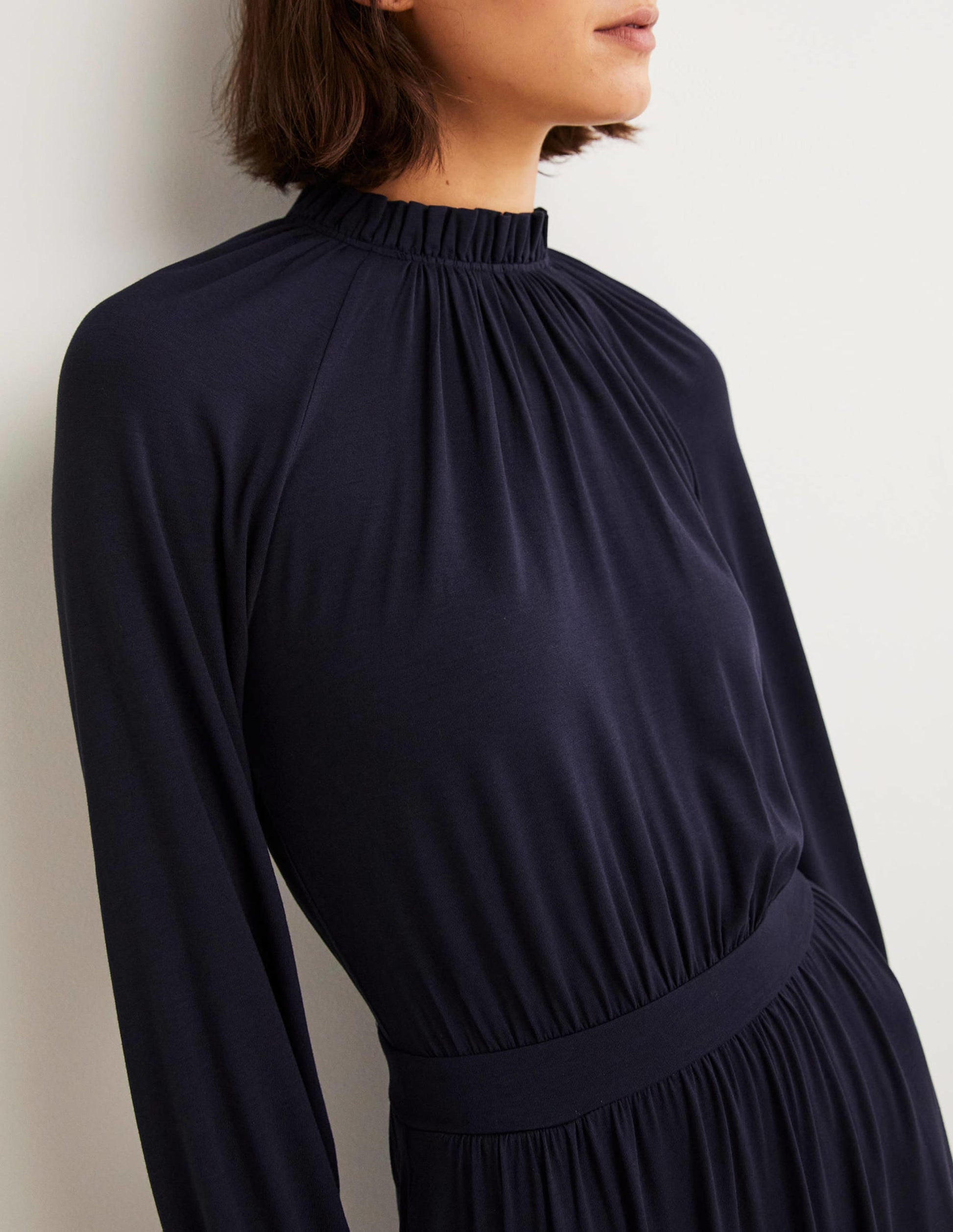Ruffle Neck Jersey Midi Dress-Navy-2