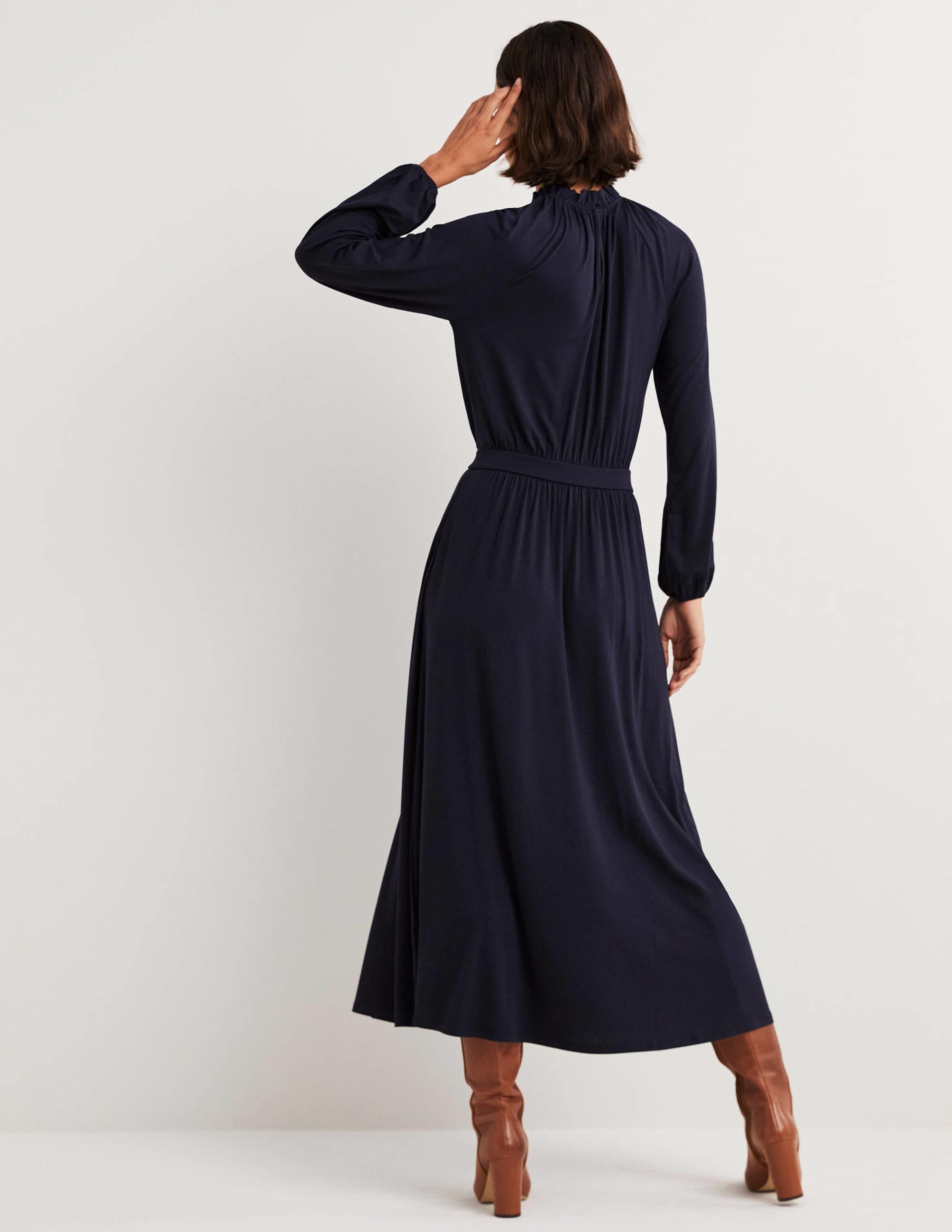 Ruffle Neck Jersey Midi Dress-Navy - Image 3