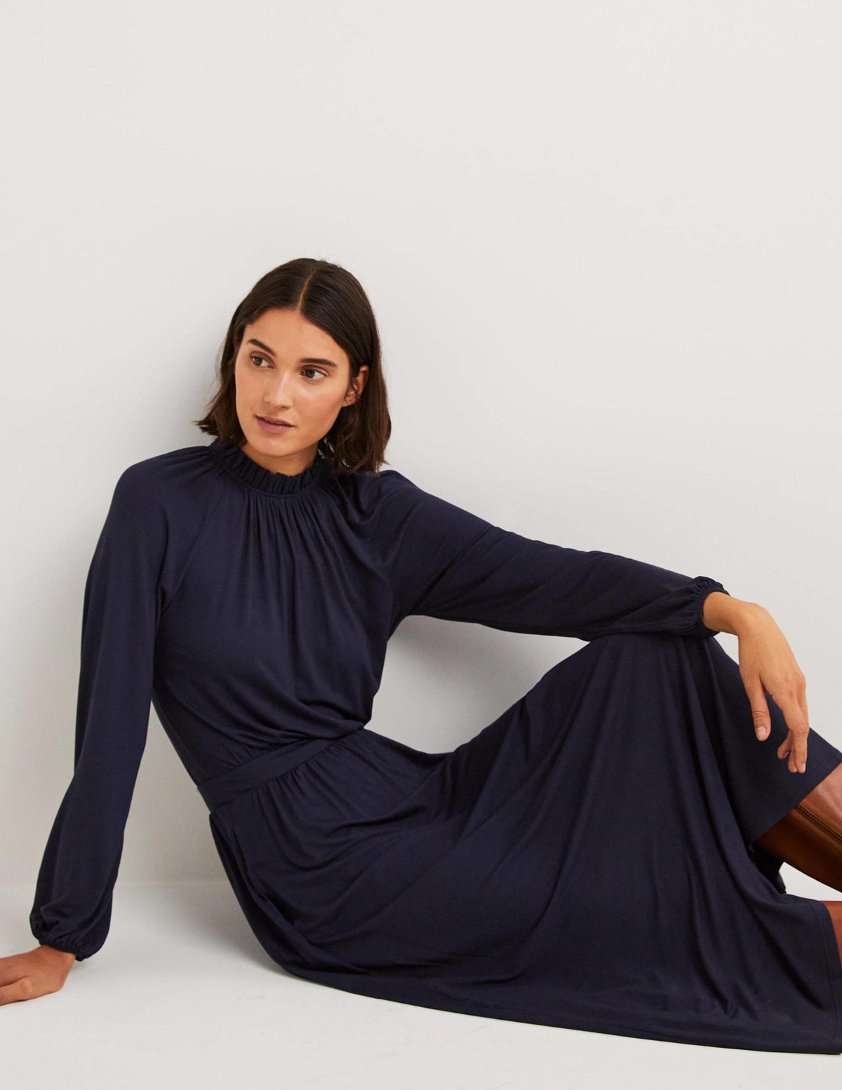 Ruffle Neck Jersey Midi Dress-Navy-4