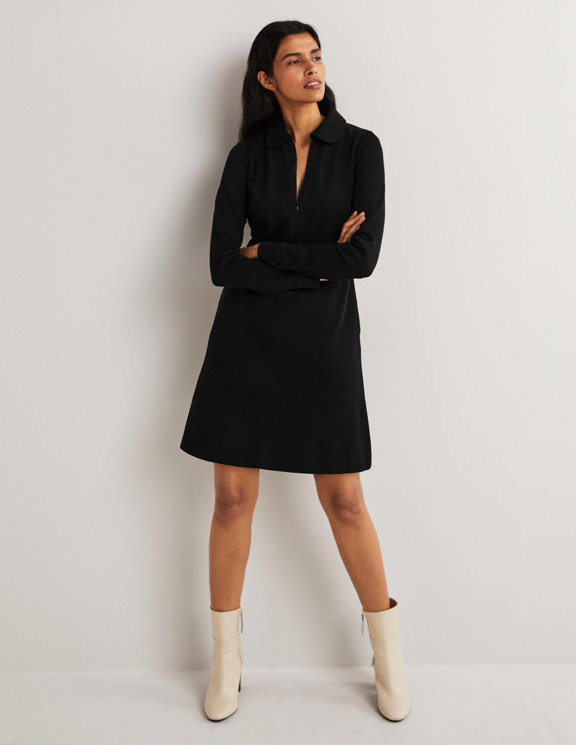 Zip Front Jersey Shift Dress-Black - Image 1