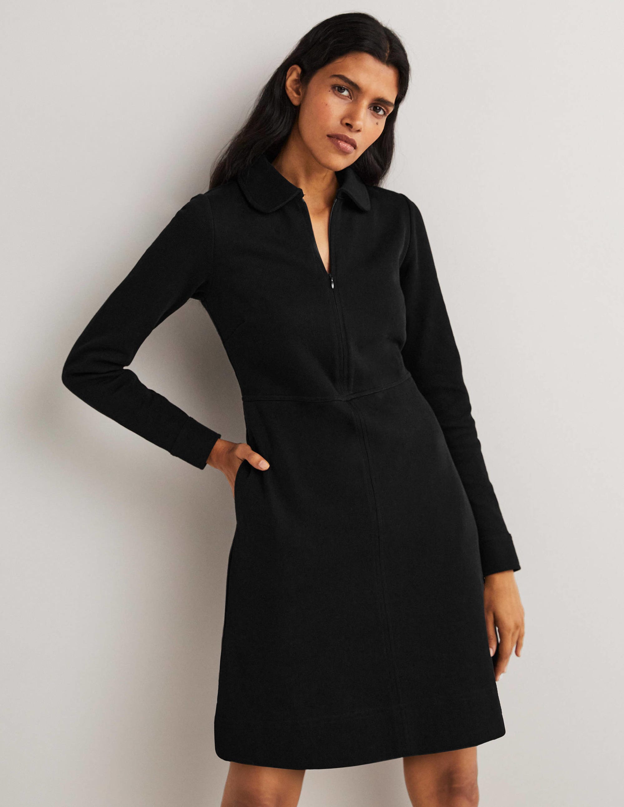 Zip Front Jersey Shift Dress-Black - Image 4