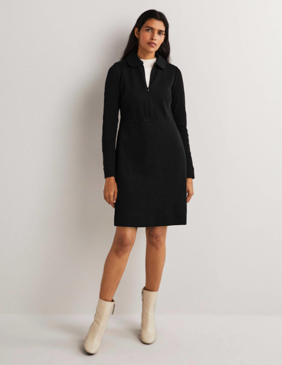 Zip Front Jersey Shift Dress-Black-5
