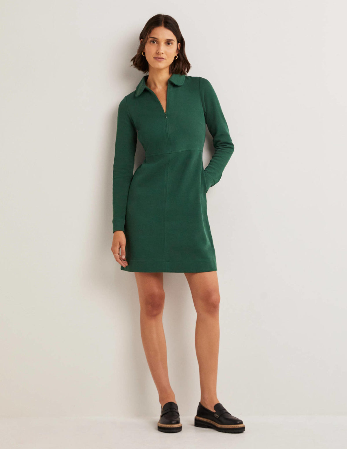 Zip Front Jersey Shift Dress-Hunter Green - Image 1