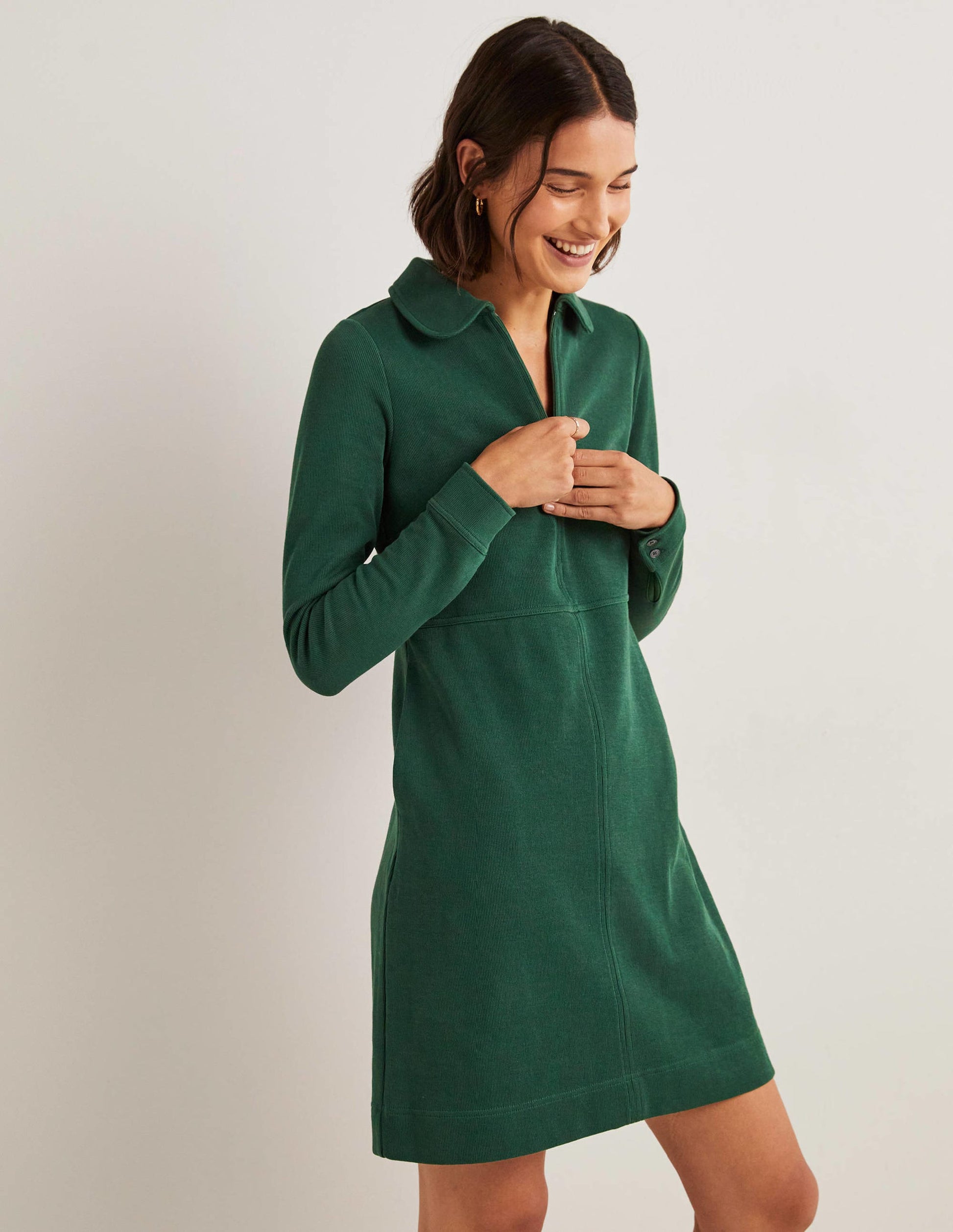 Zip Front Jersey Shift Dress-Hunter Green-4