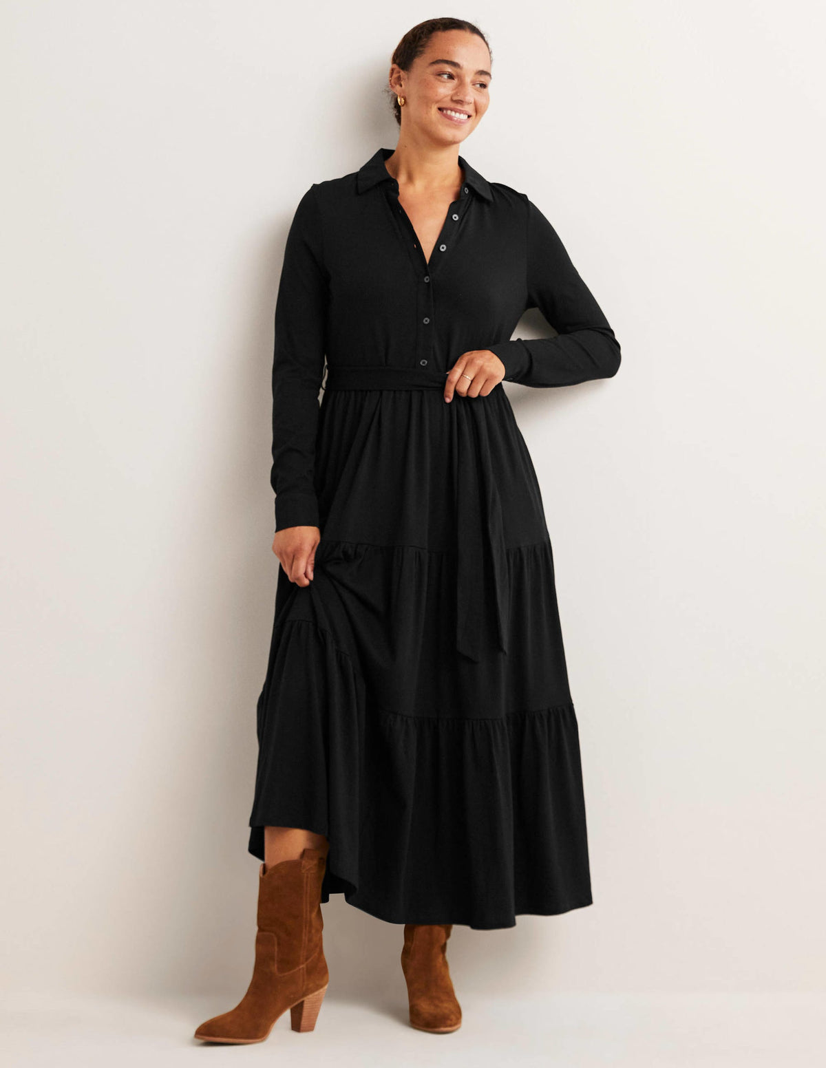 Tiered Jersey Maxi Shirt Dress-Black-1