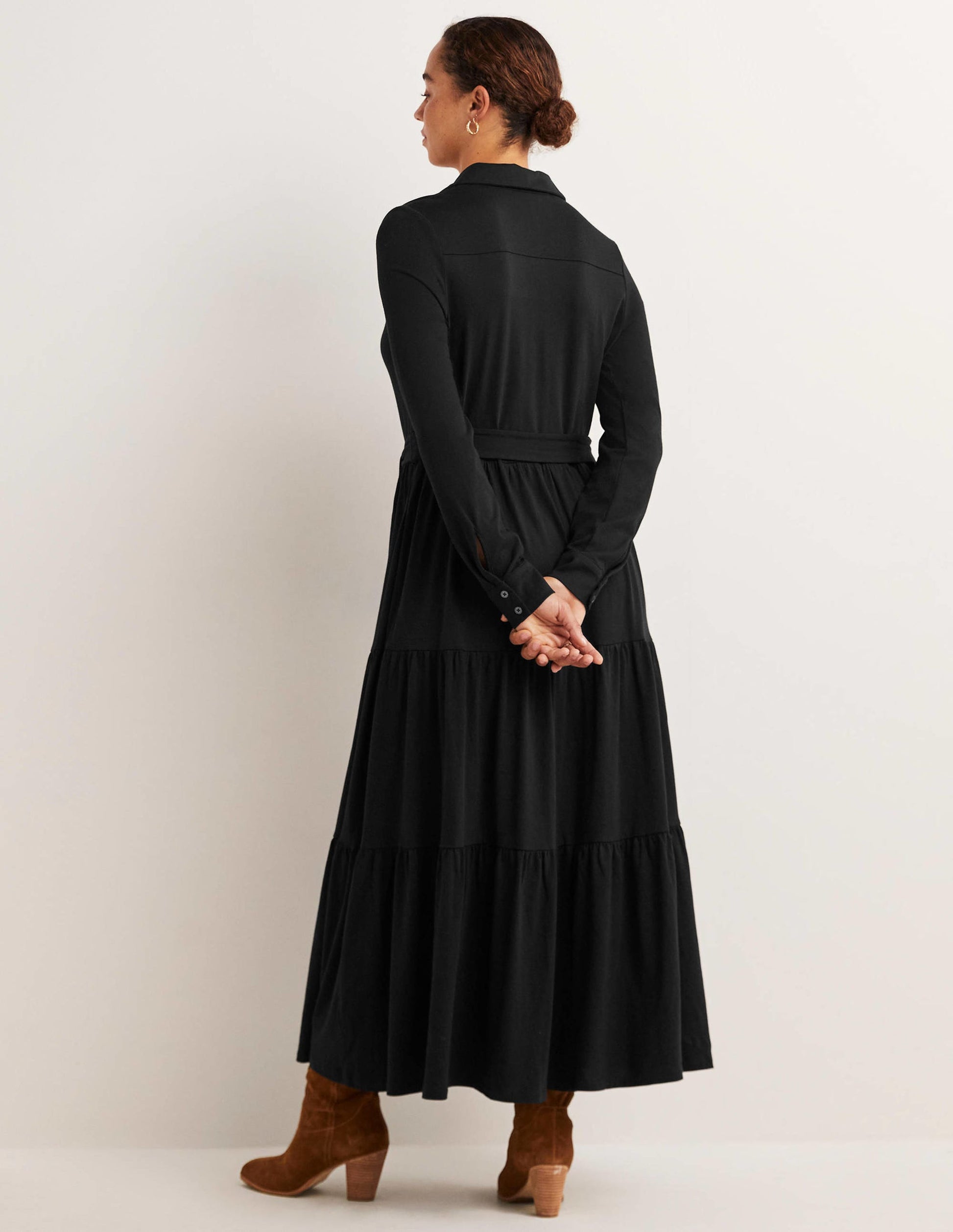 Tiered Jersey Maxi Shirt Dress-Black-3