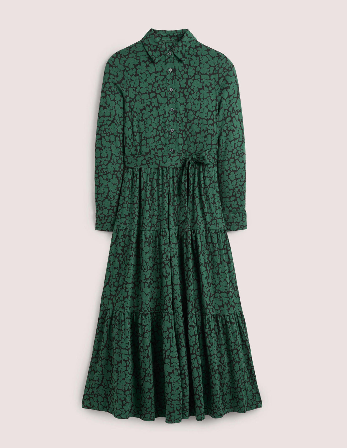 Tiered Jersey Maxi Shirt Dress-Hunter Green, Abstract Bud-5
