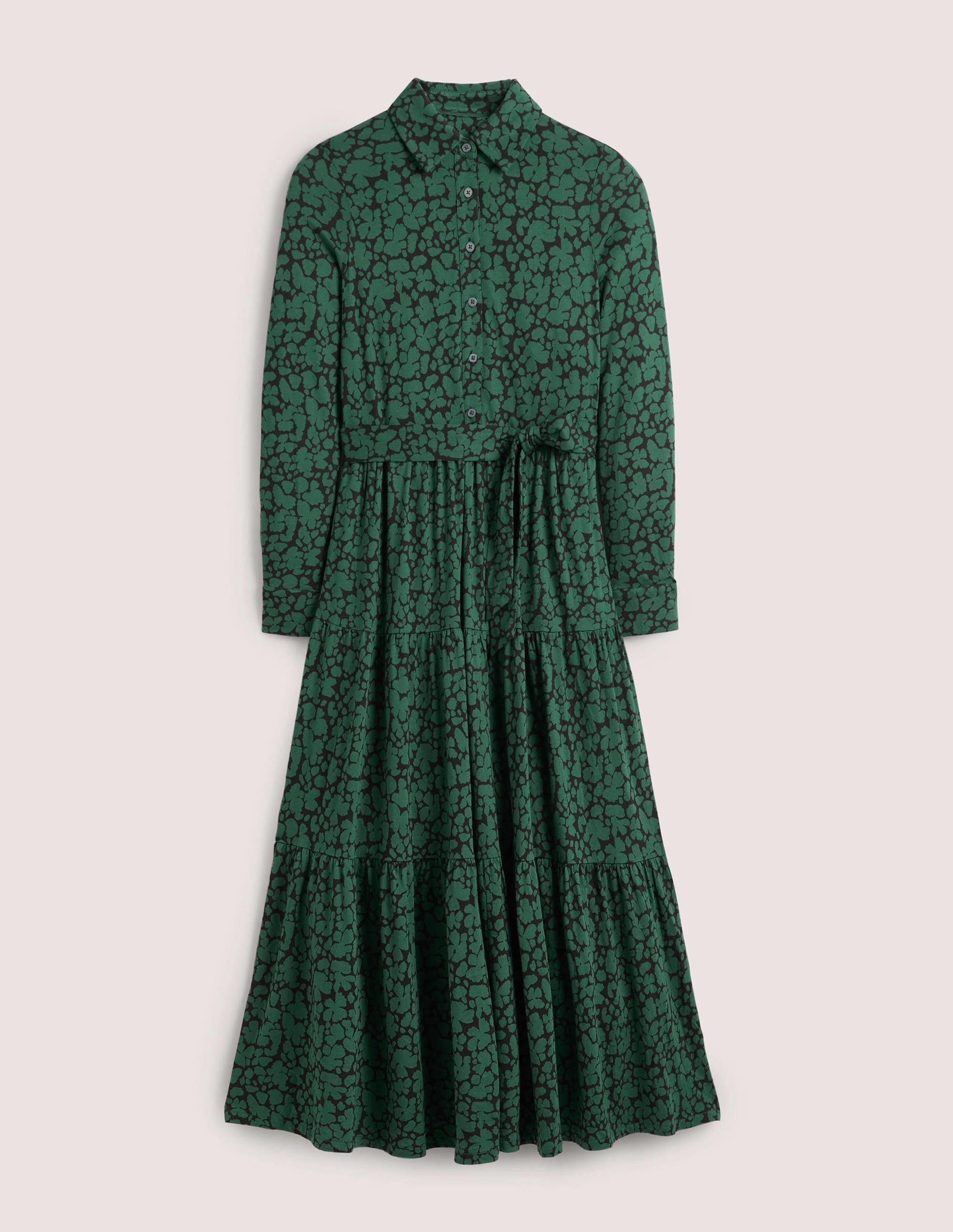 Tiered Jersey Maxi Shirt Dress-Hunter Green, Abstract Bud - Image 5