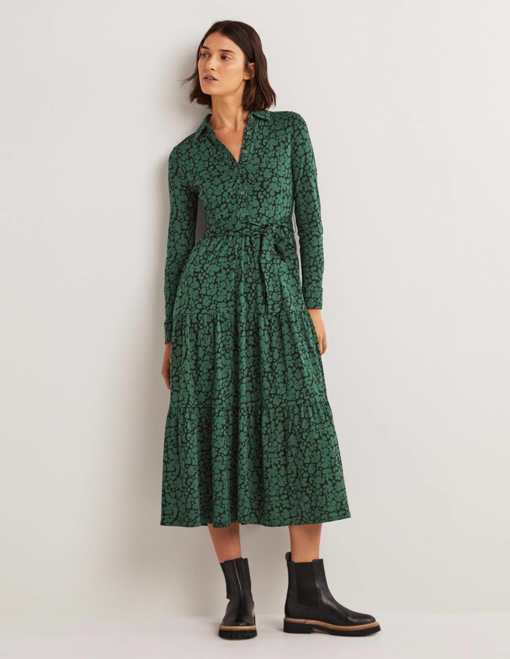 Tiered Jersey Maxi Shirt Dress-Hunter Green, Abstract Bud-1