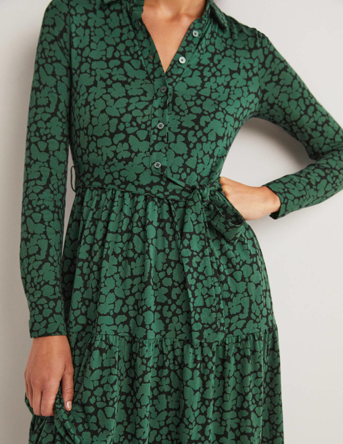 Tiered Jersey Maxi Shirt Dress-Hunter Green, Abstract Bud-2