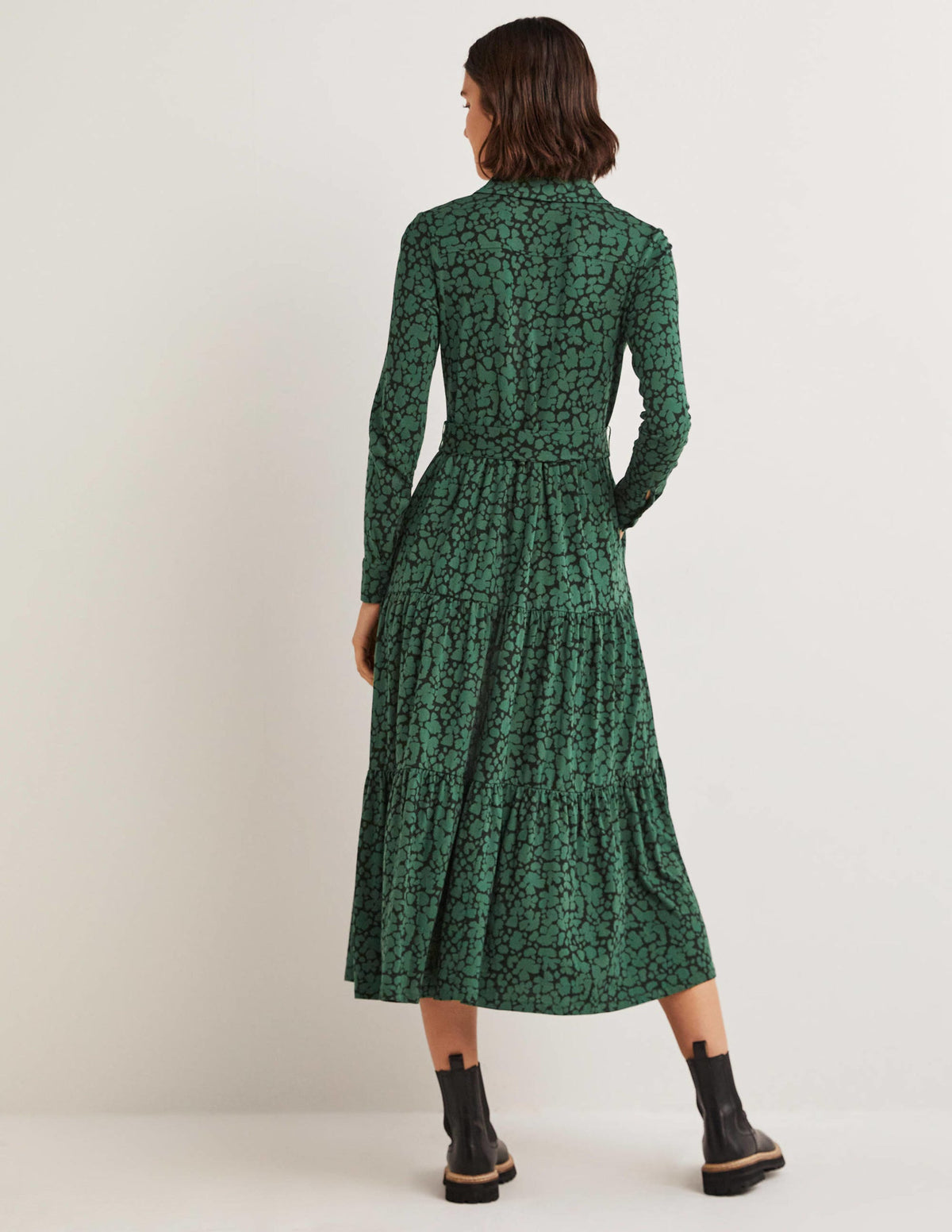 Tiered Jersey Maxi Shirt Dress-Hunter Green, Abstract Bud - Image 3