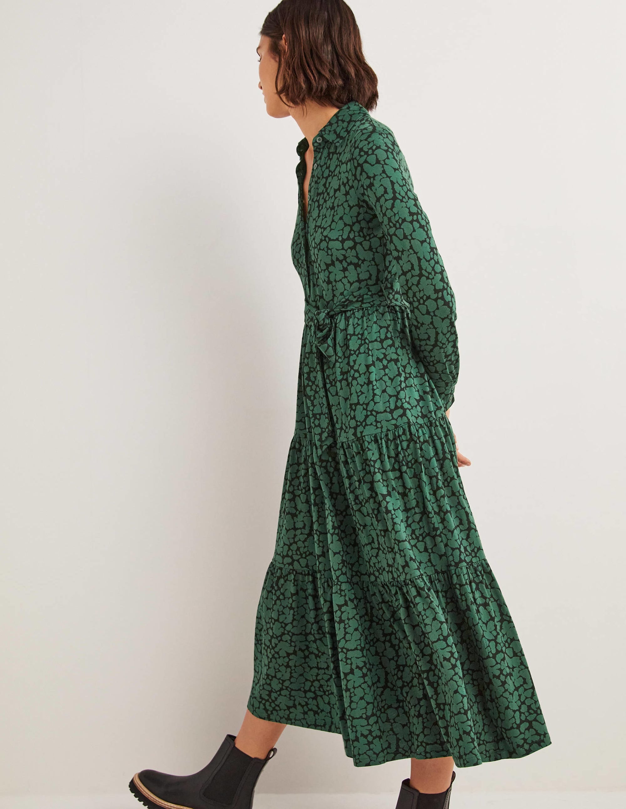 Tiered Jersey Maxi Shirt Dress-Hunter Green, Abstract Bud - Image 4