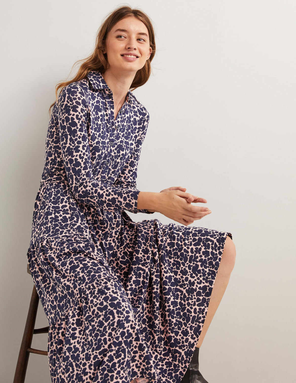Tiered Jersey Maxi Shirt Dress-Milkshake, Abstract Bud-4