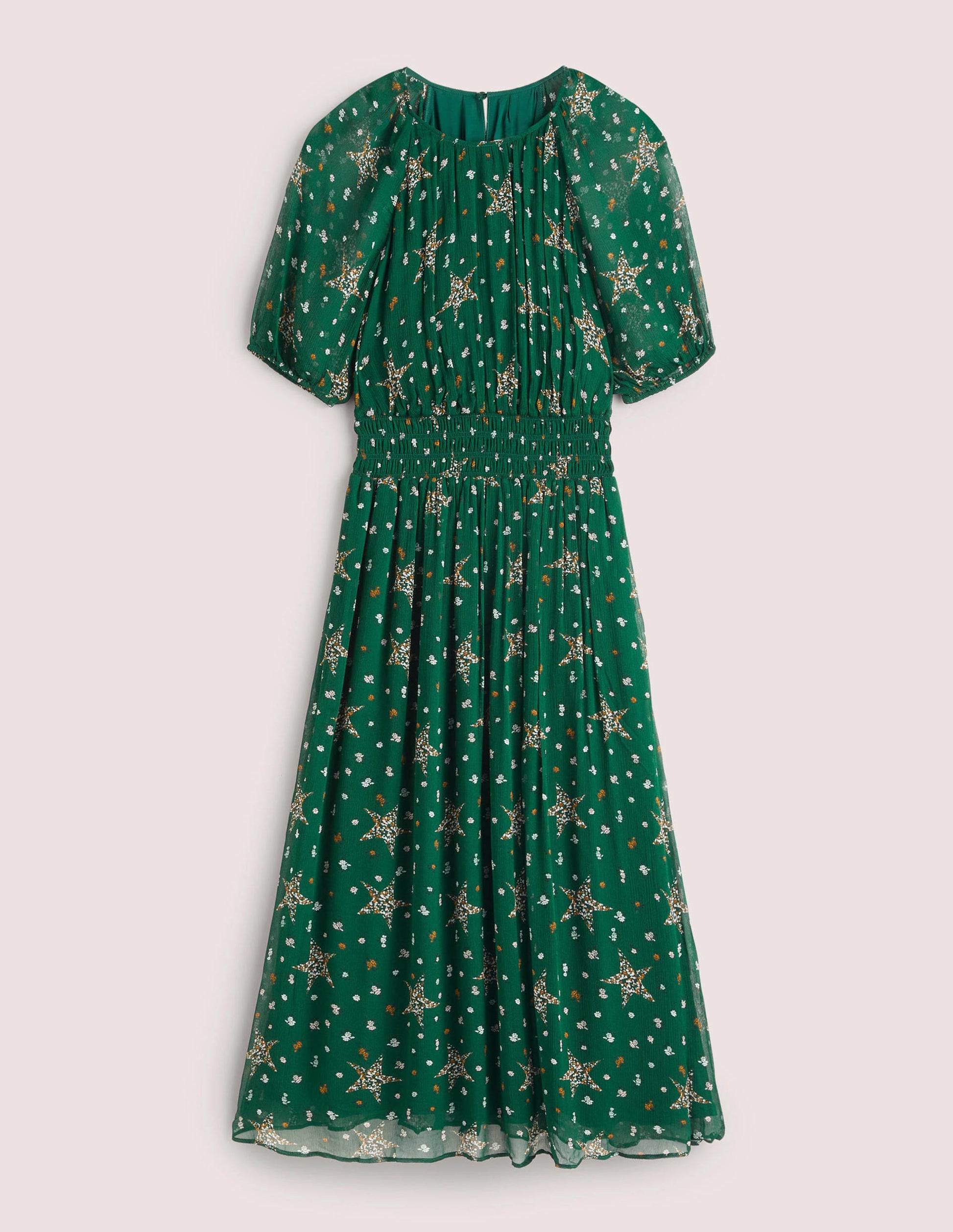 Deep Smocked Waist Midi Dress-Hunter Green, Star Floral-6