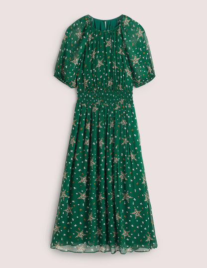 Deep Smocked Waist Midi Dress-Hunter Green, Star Floral-6