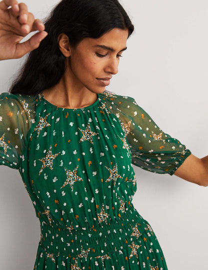 Deep Smocked Waist Midi Dress-Hunter Green, Star Floral-2