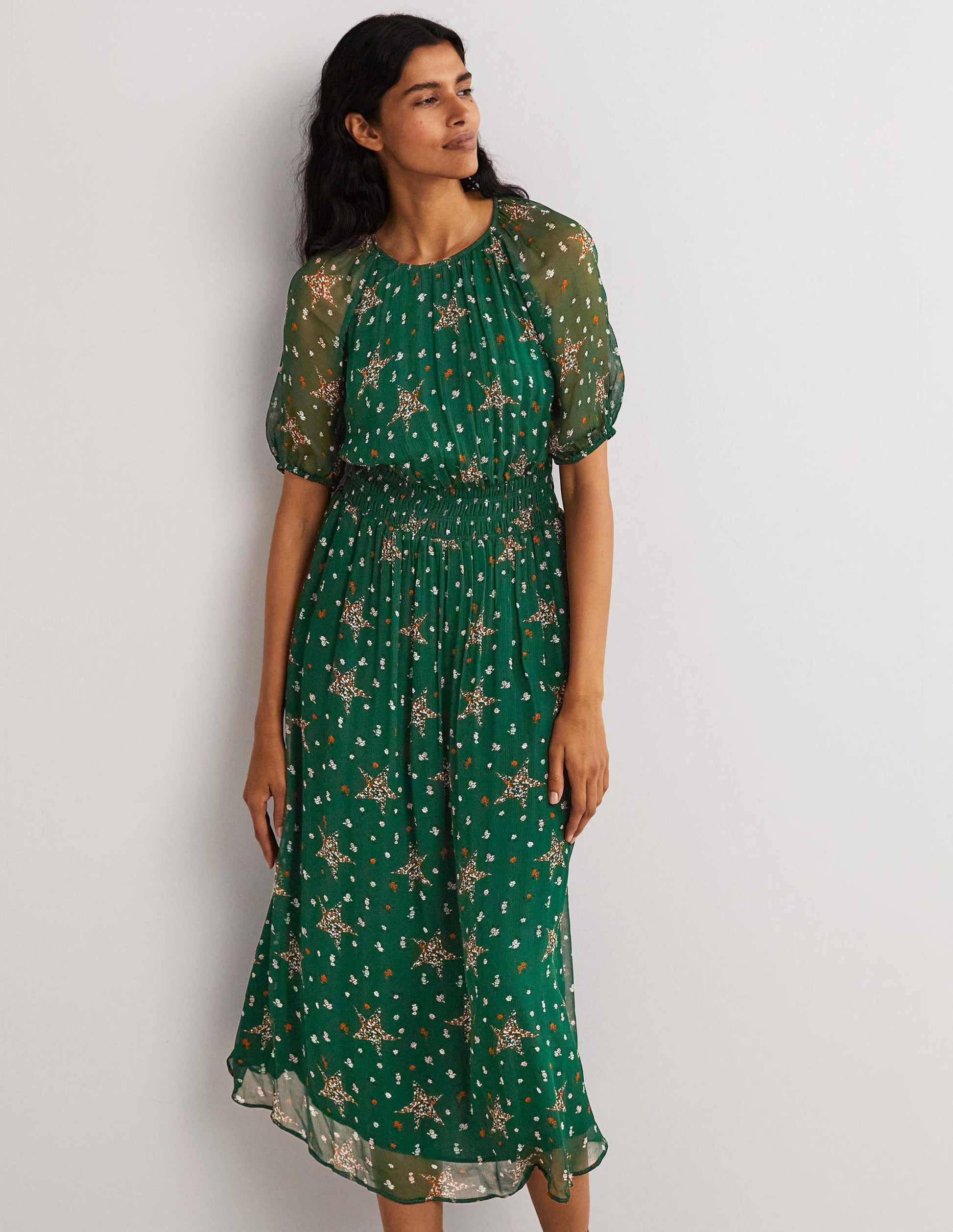 Deep Smocked Waist Midi Dress-Hunter Green, Star Floral-5