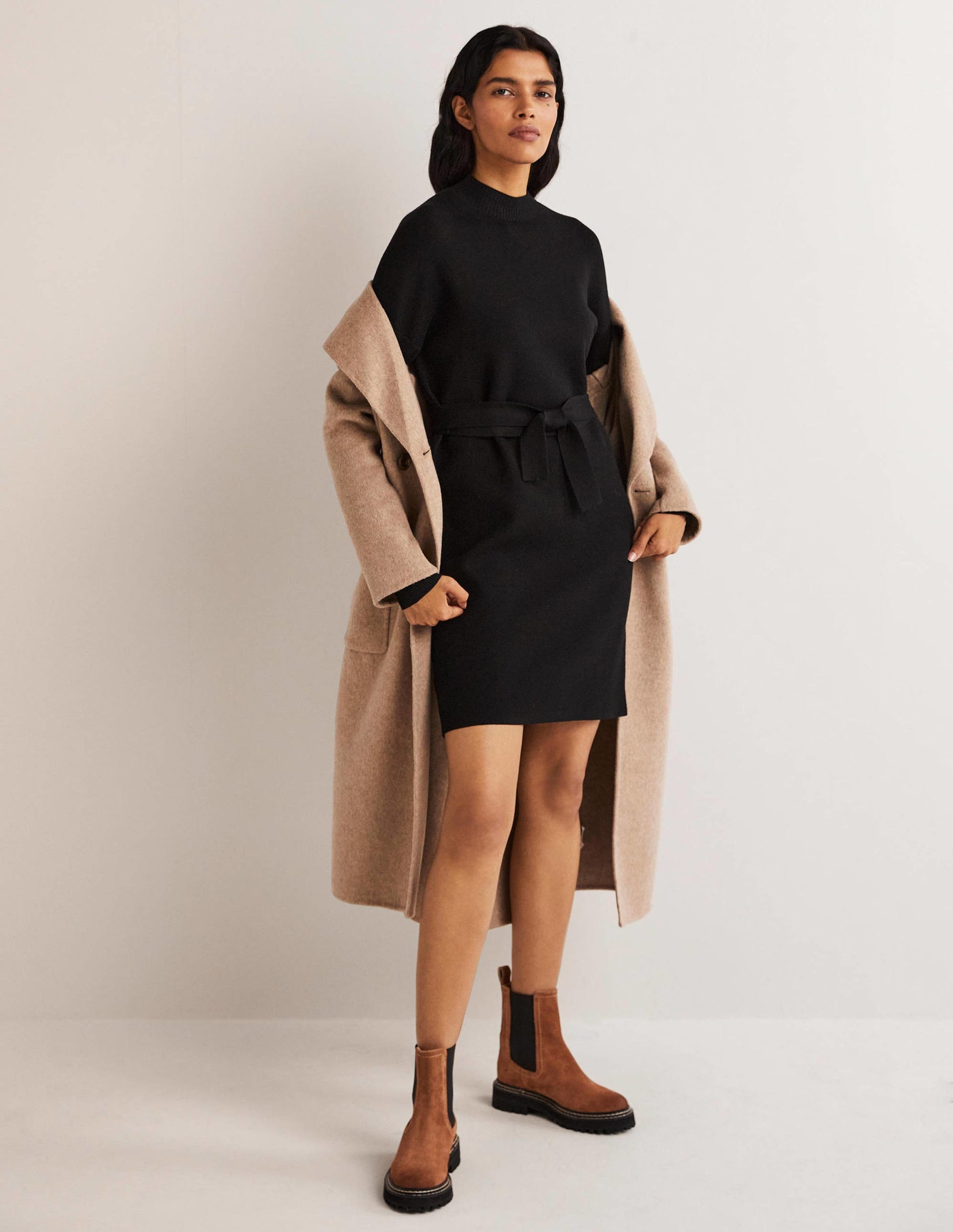 High Neck Knitted Shift Dress-Black-4