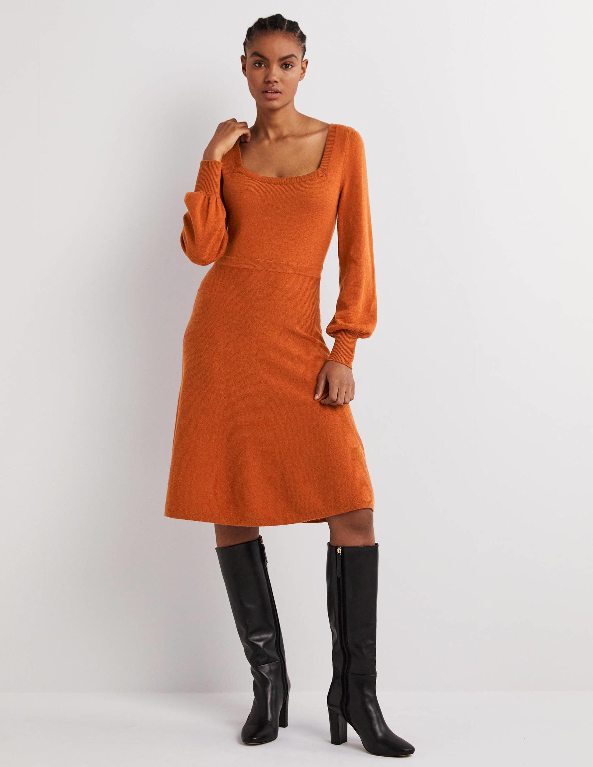 Square Neck Knitted Dress-Copper Red-1