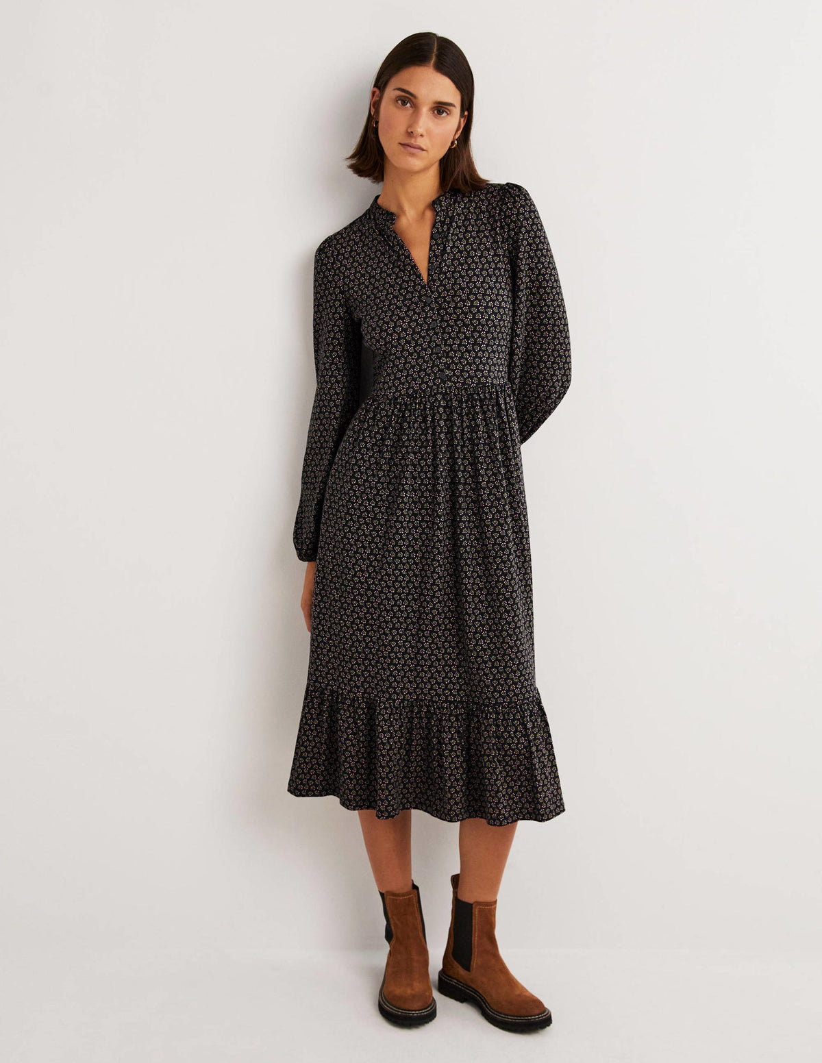 Buttoned Jersey Midi Dress-Black, Diamond Bud-1
