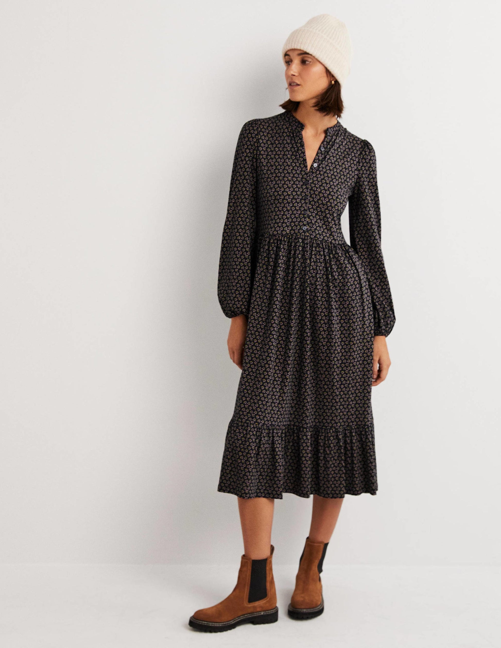 Buttoned Jersey Midi Dress-Black, Diamond Bud-4