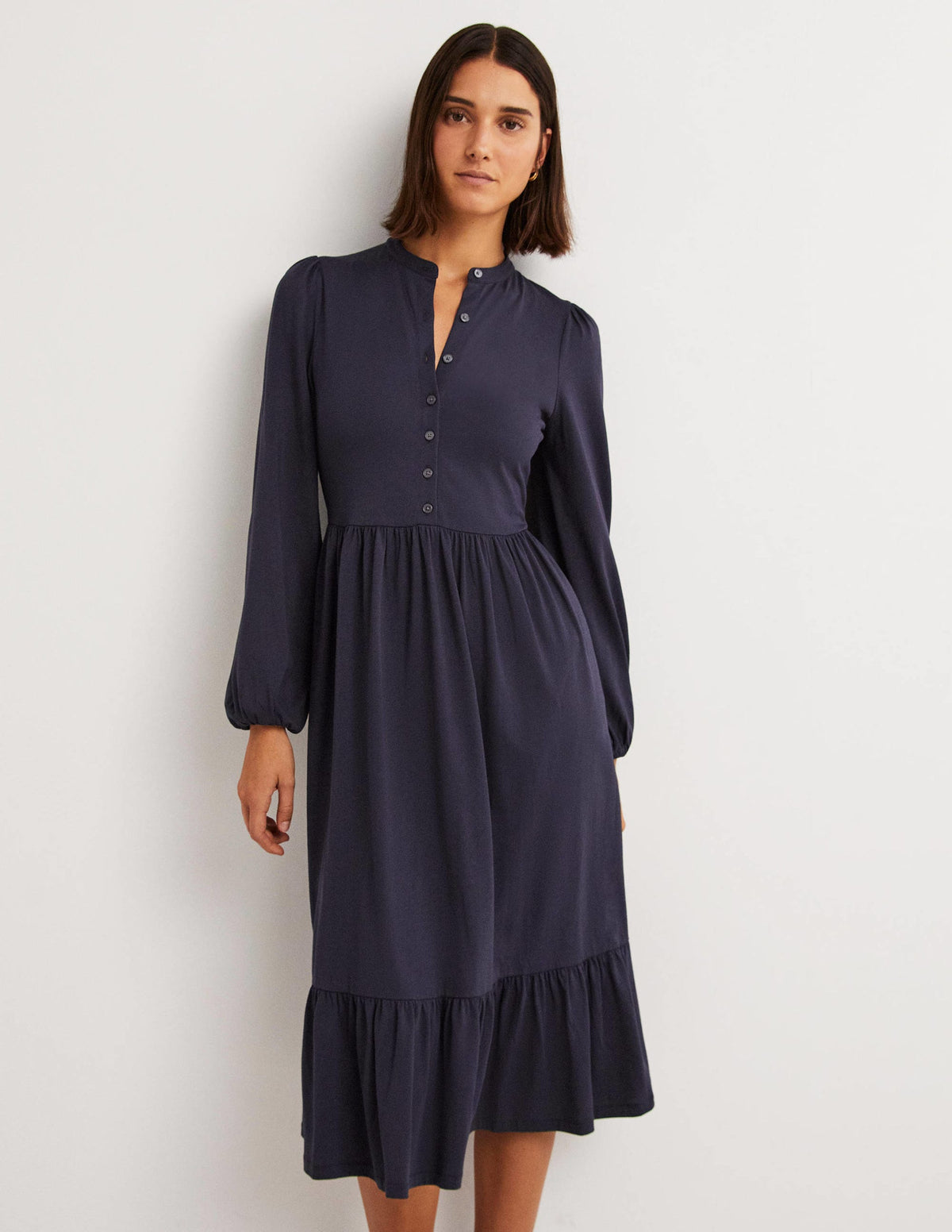 Buttoned Jersey Midi Dress-Navy - Image 1