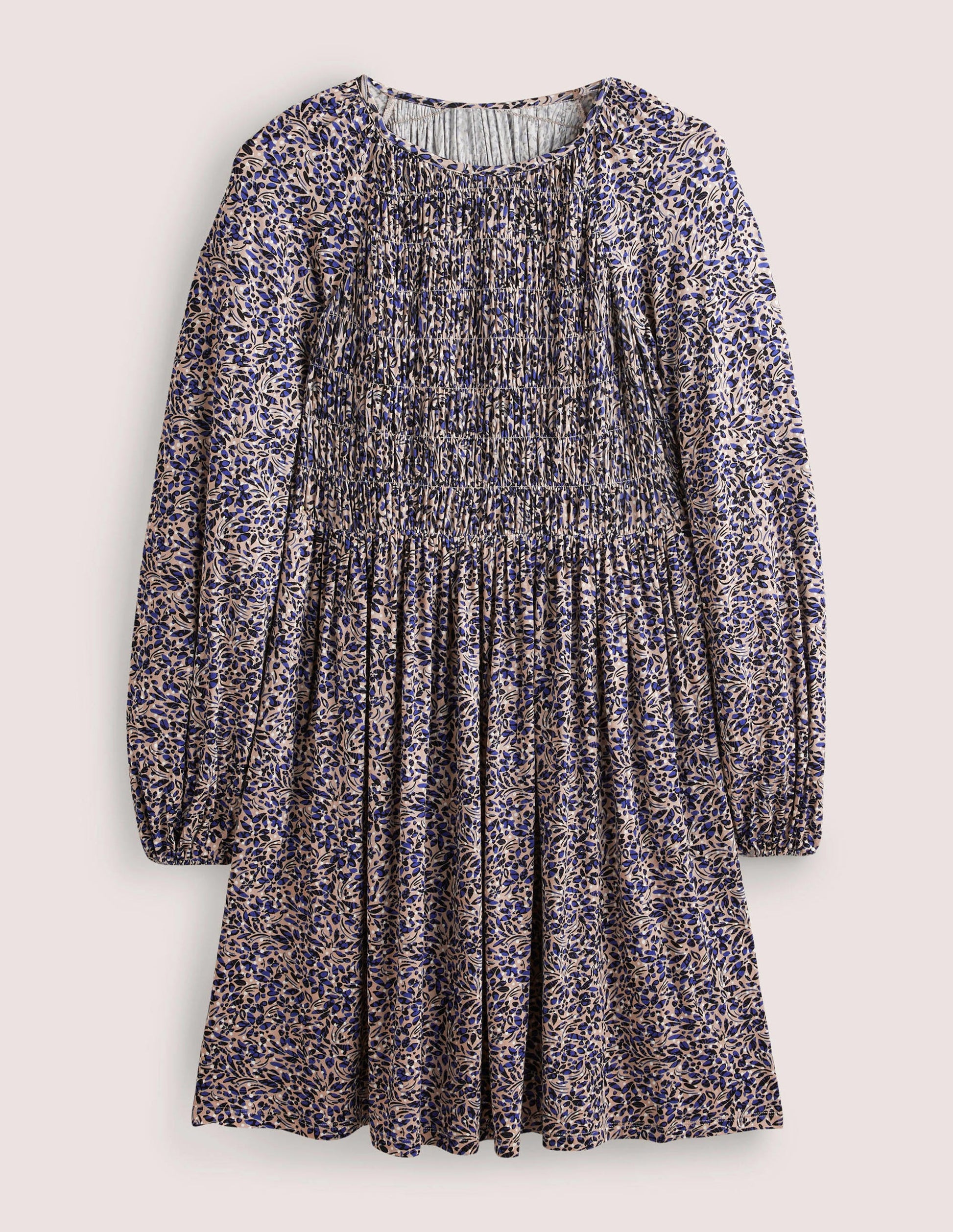 Smocked Bodice Jersey Dress-Persian Blue, Leaf Cluster-5