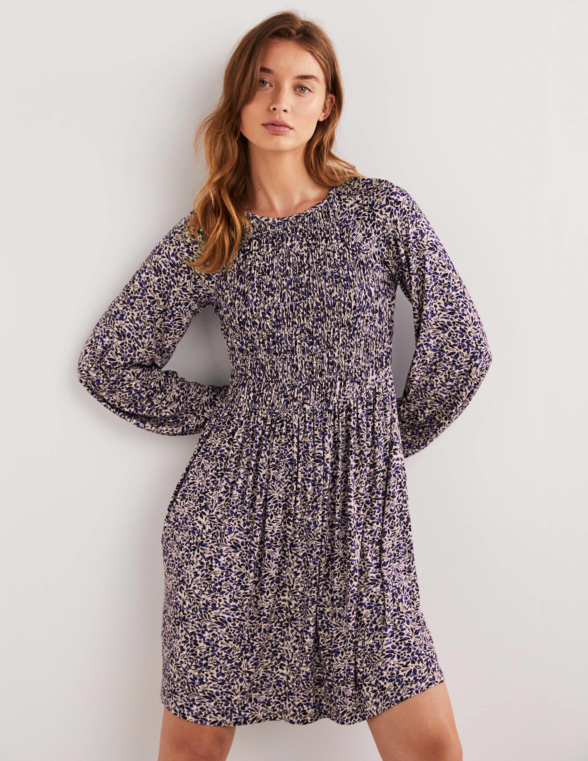 Smocked Bodice Jersey Dress-Persian Blue, Leaf Cluster - Image 1