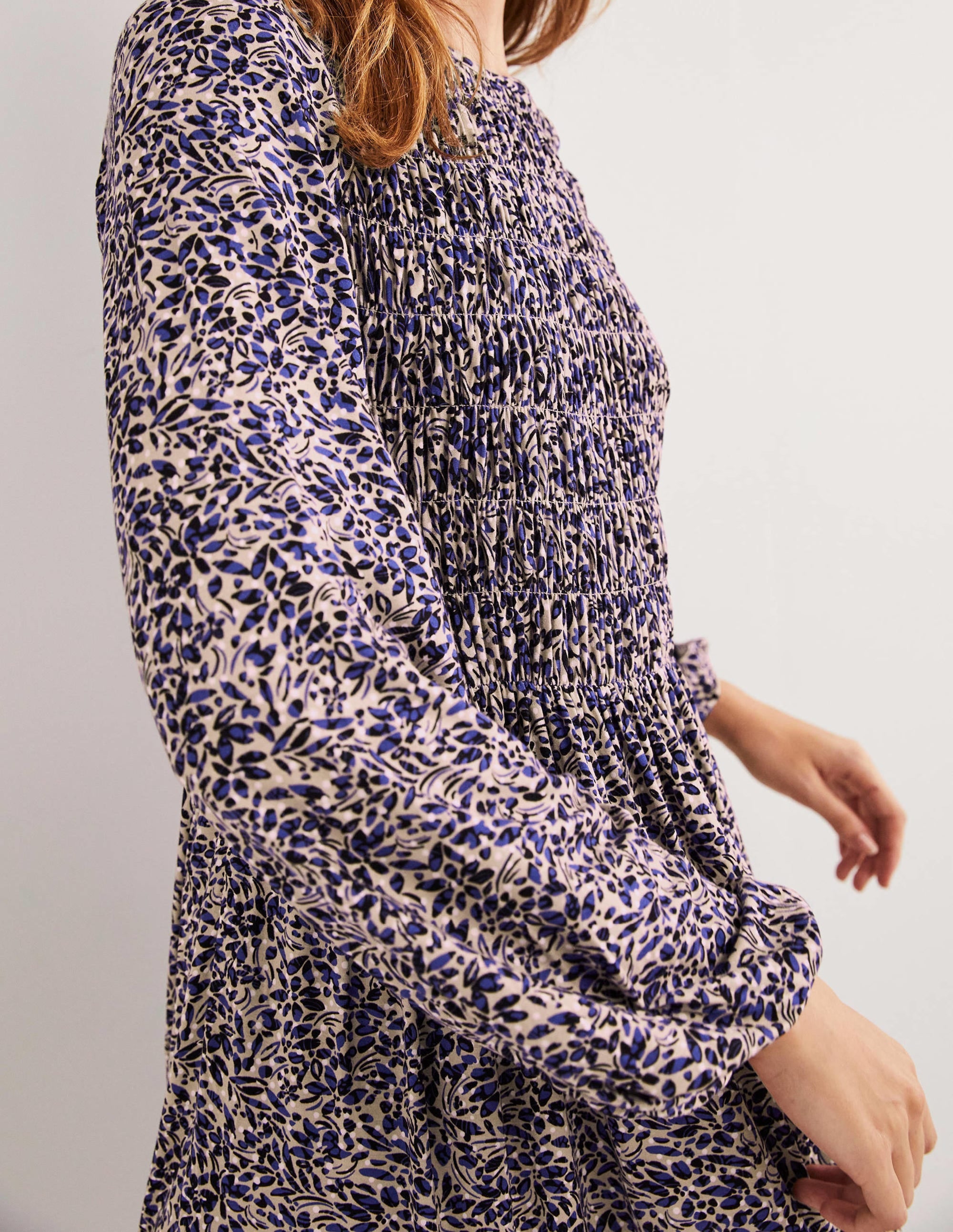 Smocked Bodice Jersey Dress-Persian Blue, Leaf Cluster - Image 2