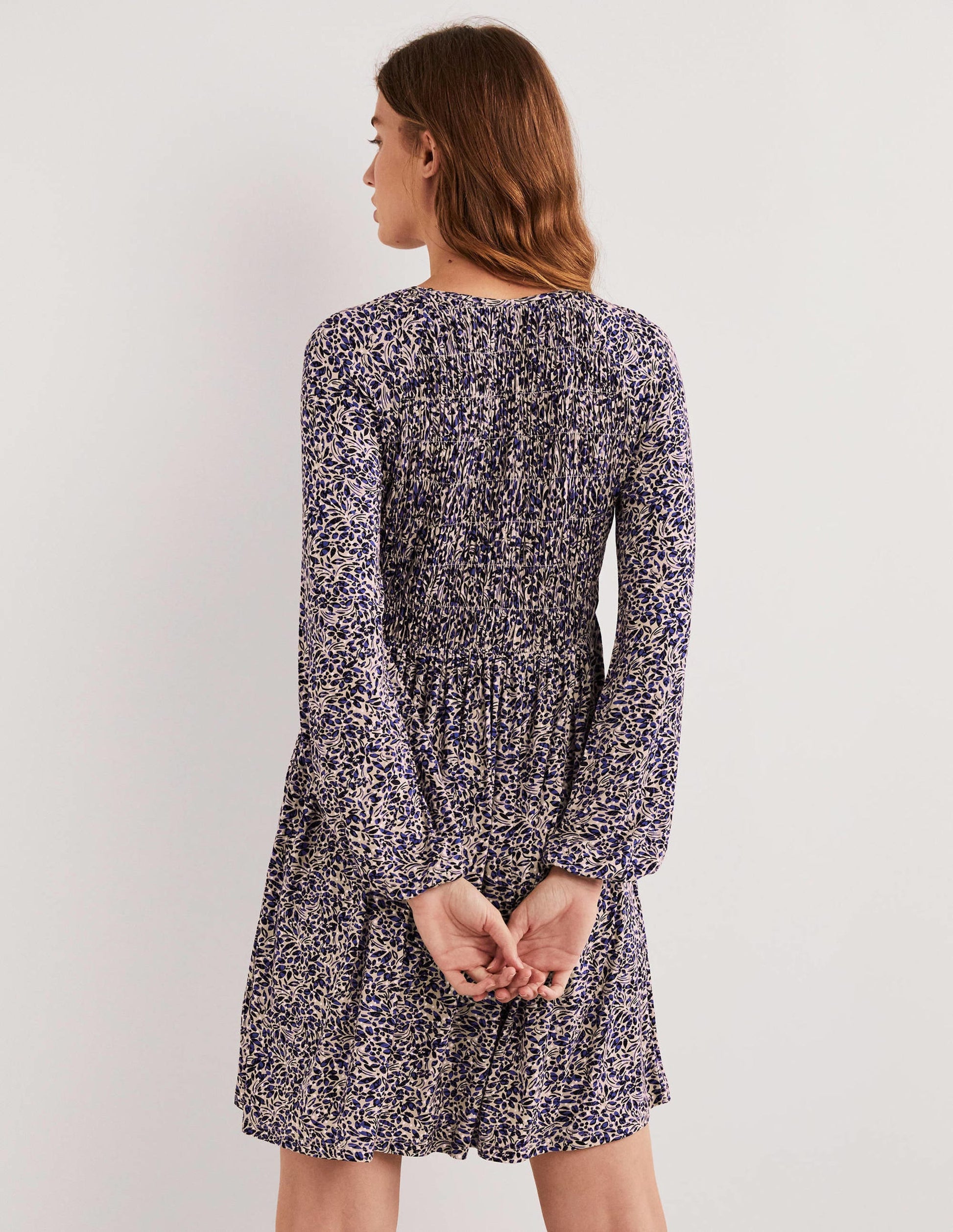 Smocked Bodice Jersey Dress-Persian Blue, Leaf Cluster-3