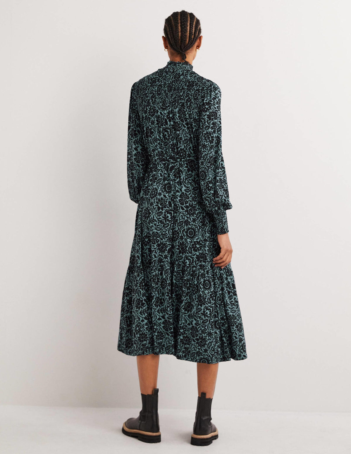 High Neck Jersey Maxi Dress-Mid Blue, Foliage Bloom - Image 3