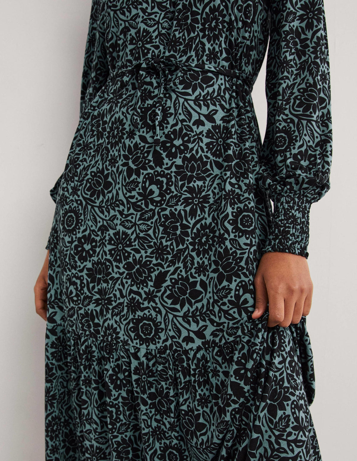 High Neck Jersey Maxi Dress-Mid Blue, Foliage Bloom - Image 4