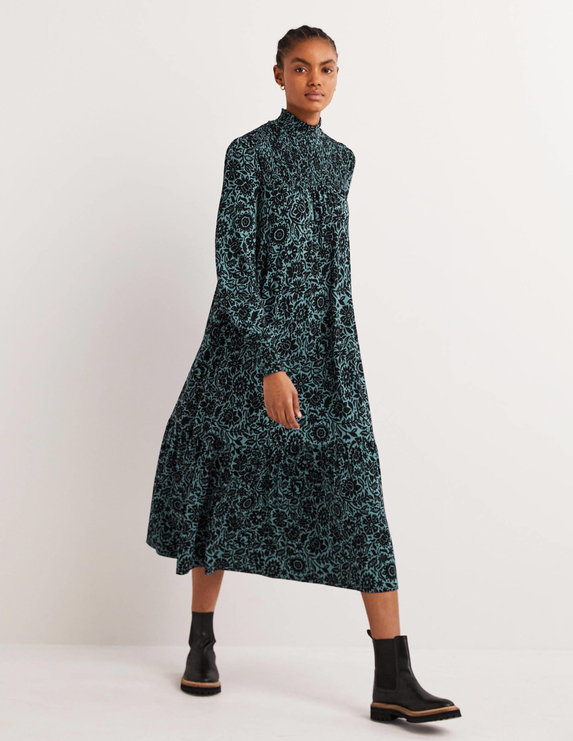High Neck Jersey Maxi Dress-Mid Blue, Foliage Bloom - Image 5
