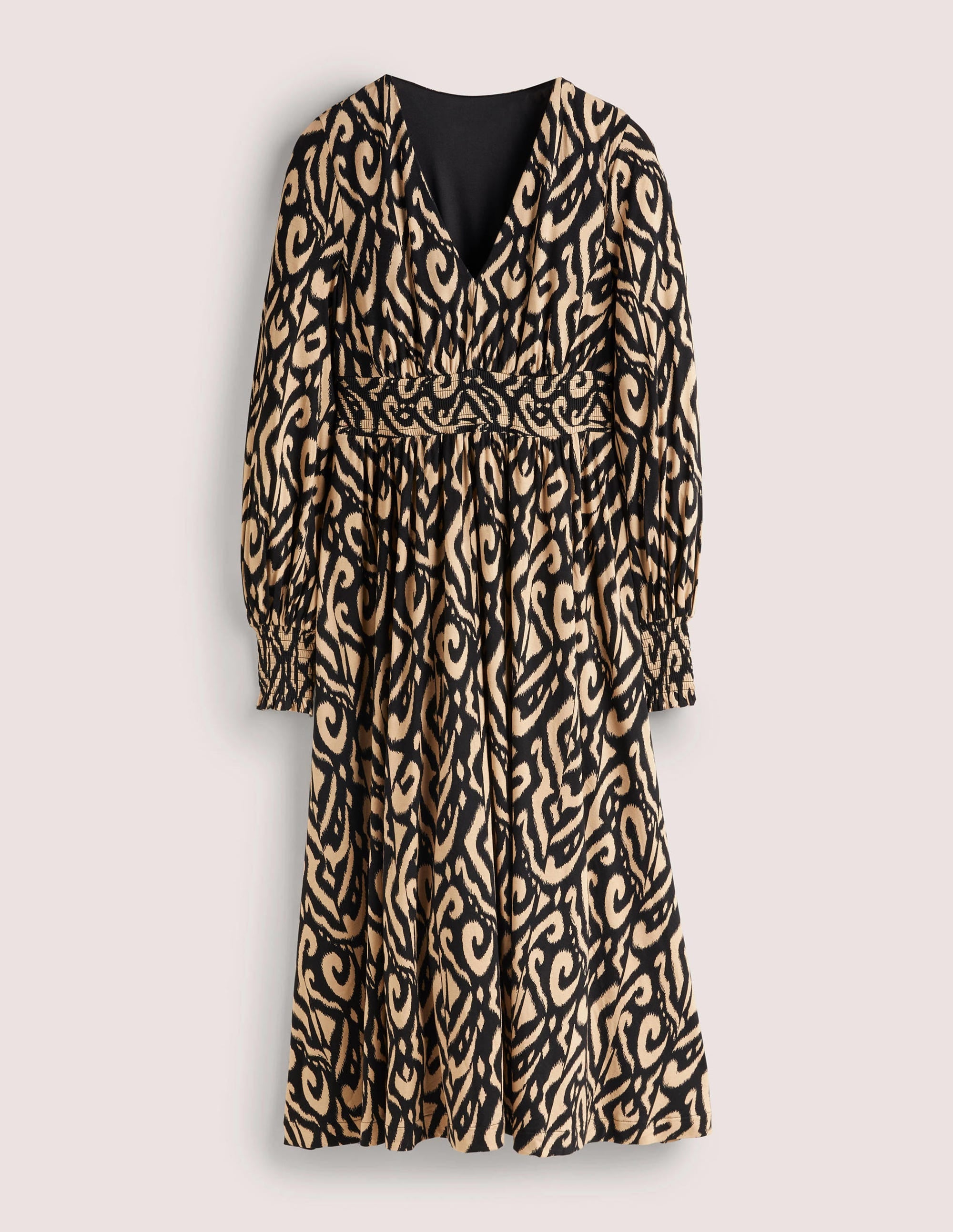 Smocked Jersey Midi Dress-Black, Ikat - Image 6