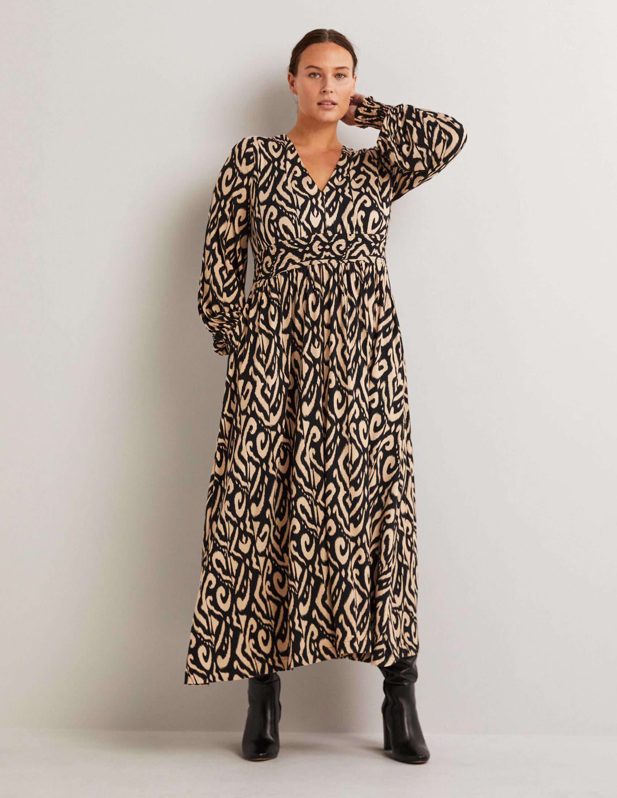 Smocked Jersey Midi Dress-Black, Ikat - Image 5
