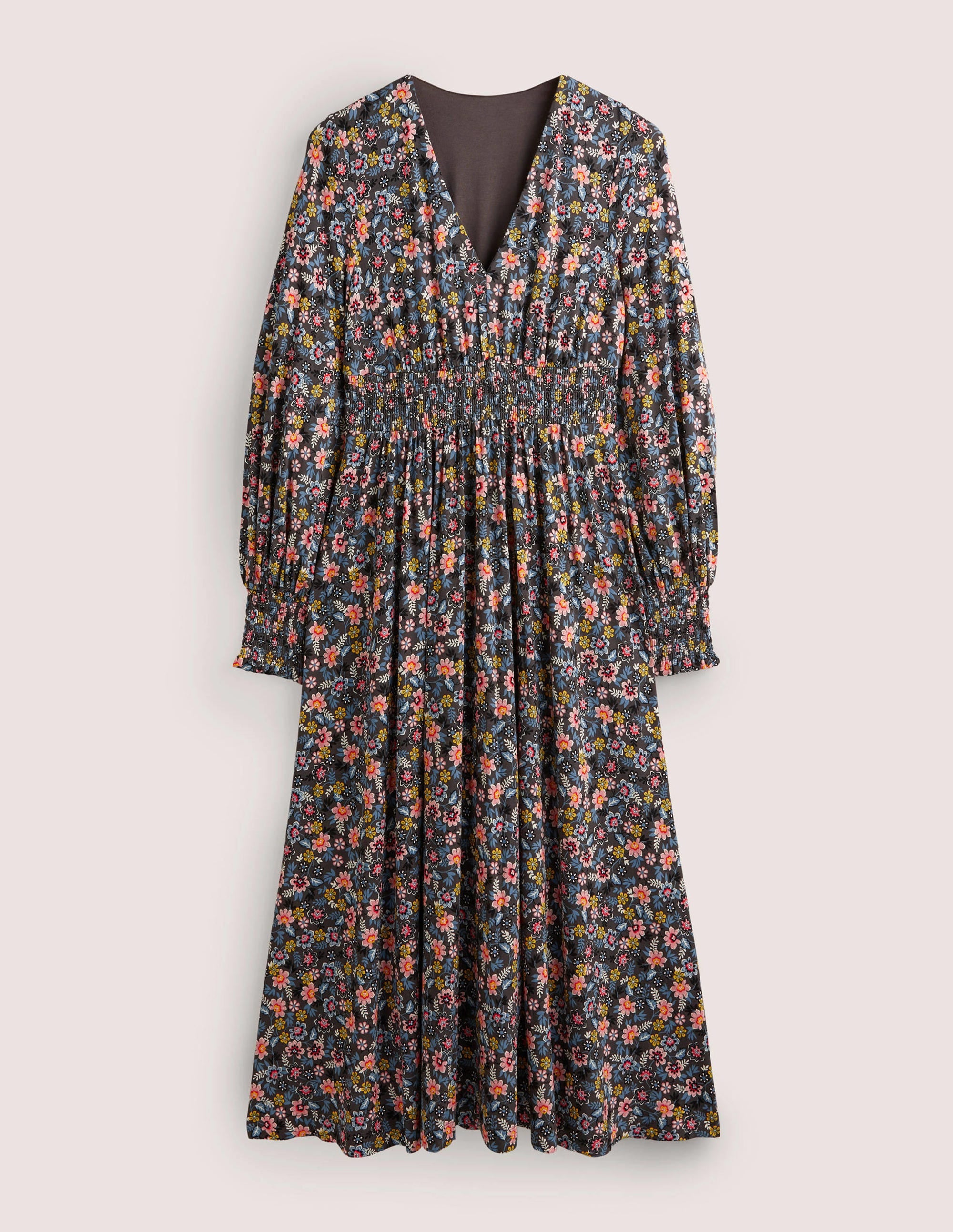 Smocked Jersey Midi Dress-Graphite, Opulent Leaf - Image 6