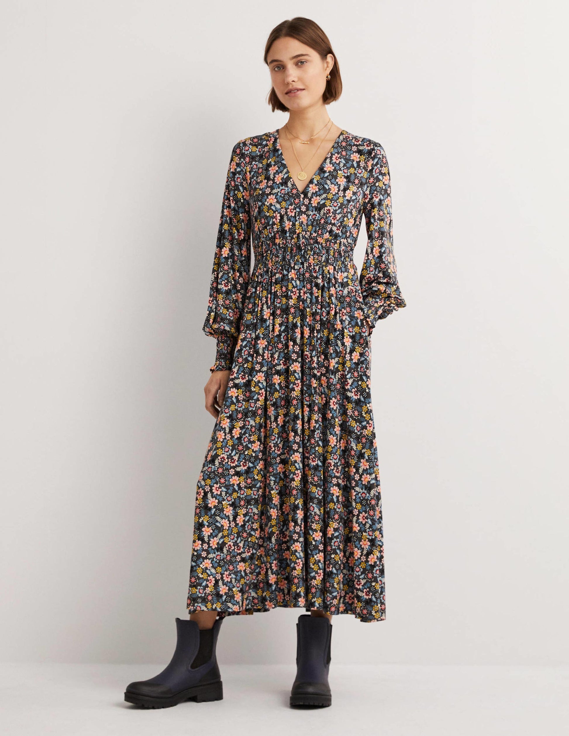 Smocked Jersey Midi Dress-Graphite, Opulent Leaf-1