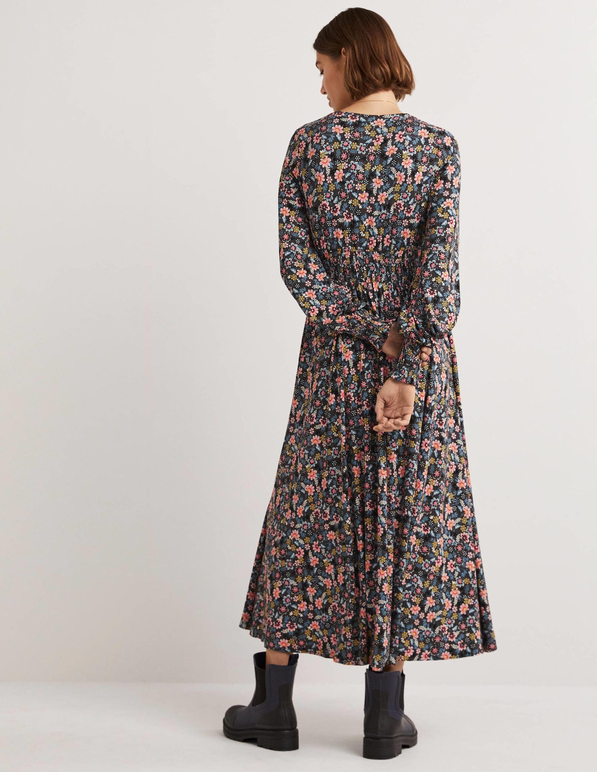 Smocked Jersey Midi Dress-Graphite, Opulent Leaf-3