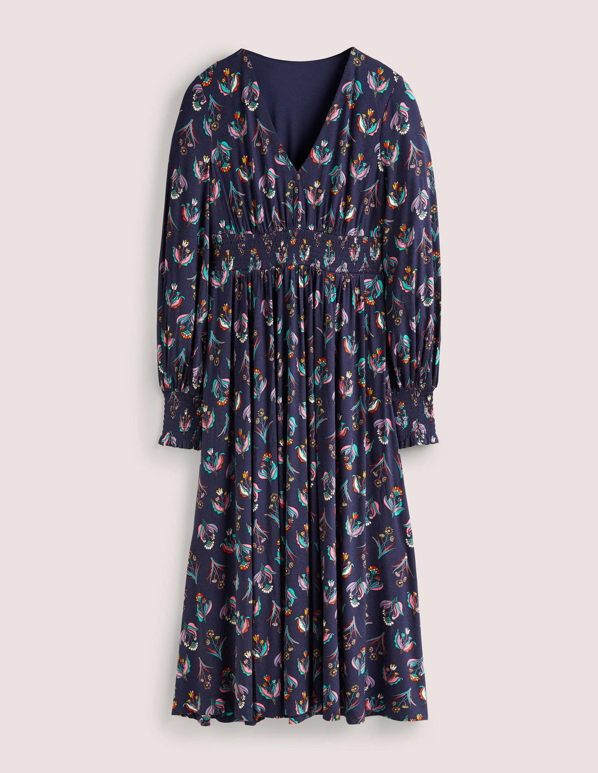 Smocked Jersey Midi Dress-French Navy, Botanic Bunch-5