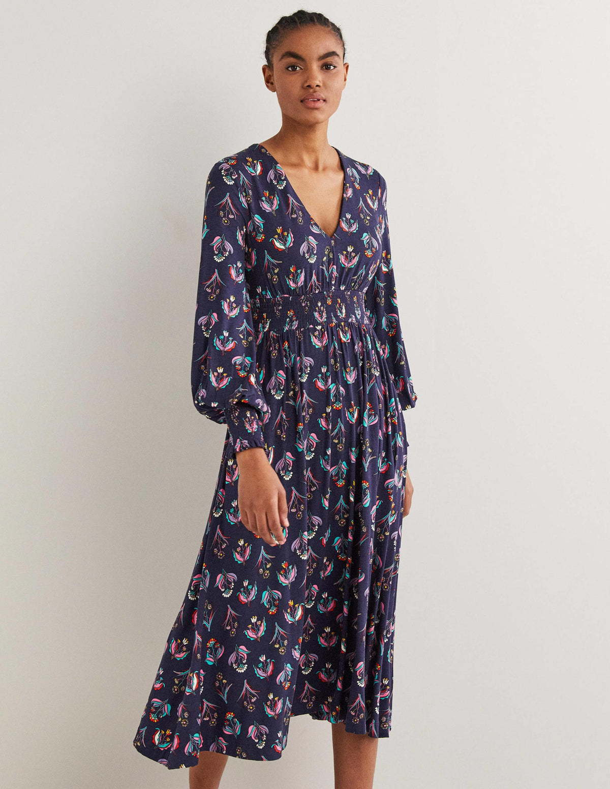 Smocked Jersey Midi Dress-French Navy, Botanic Bunch - Image 1