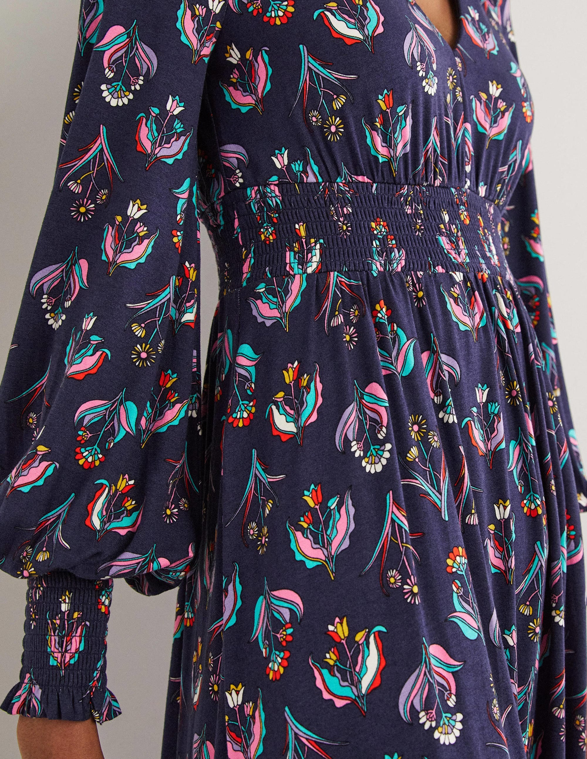 Smocked Jersey Midi Dress-French Navy, Botanic Bunch - Image 2