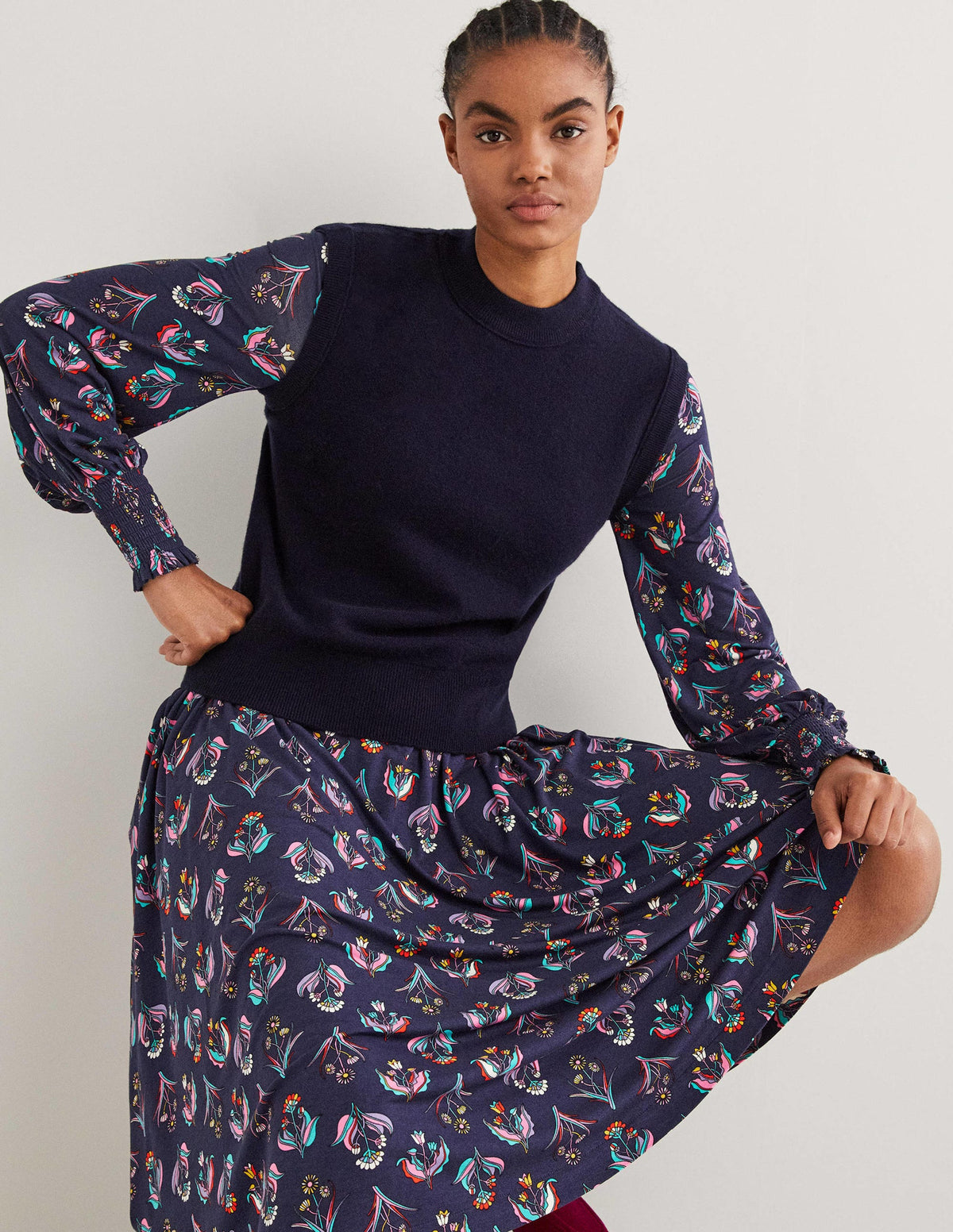 Smocked Jersey Midi Dress-French Navy, Botanic Bunch-4