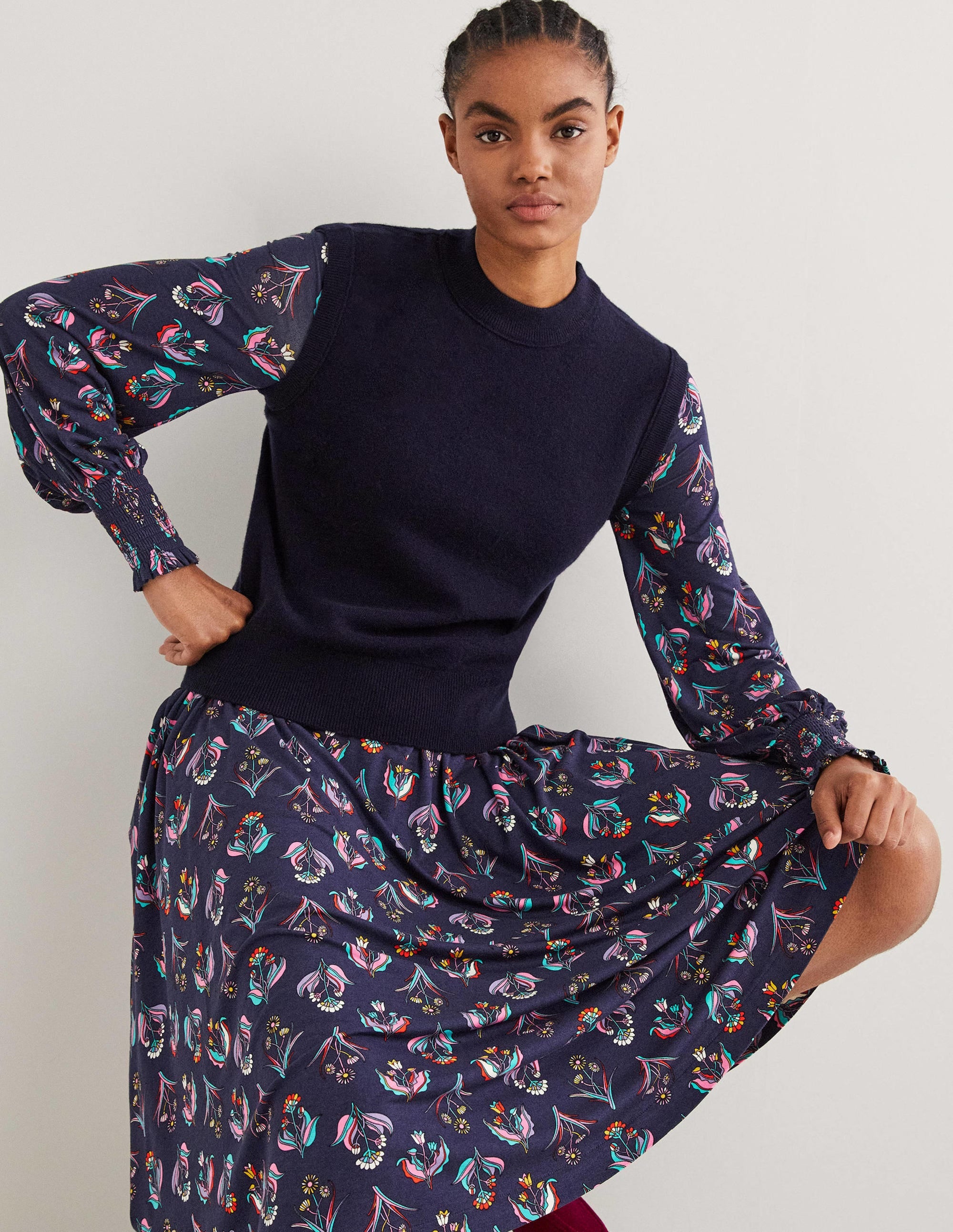Smocked Jersey Midi Dress-French Navy, Botanic Bunch - Image 4